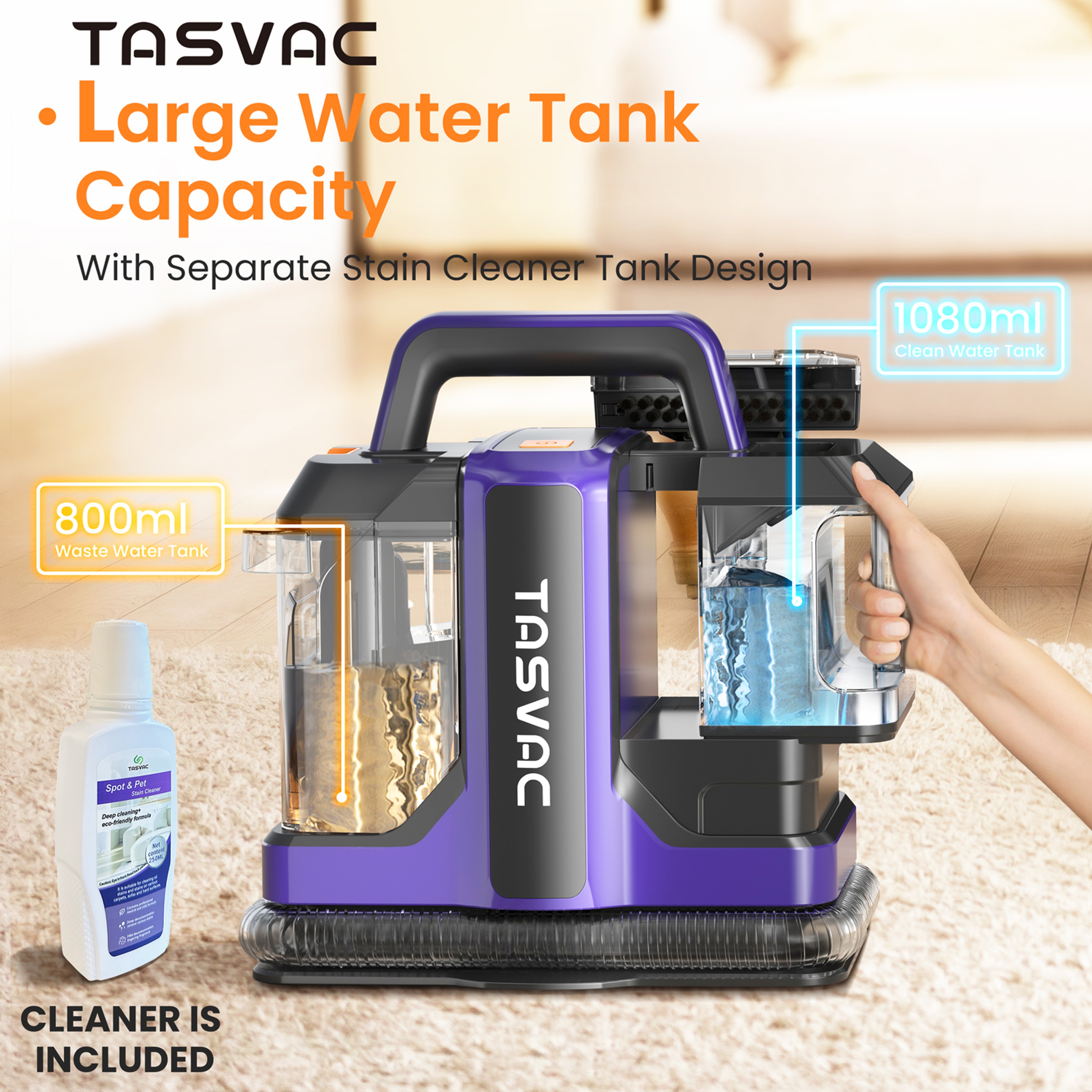 TASVAC C7 Portable Carpet, Upholstery Cleaner Machine for Pet Stains, Stairs, Couches, Area Rugs & Car Seats – view 2