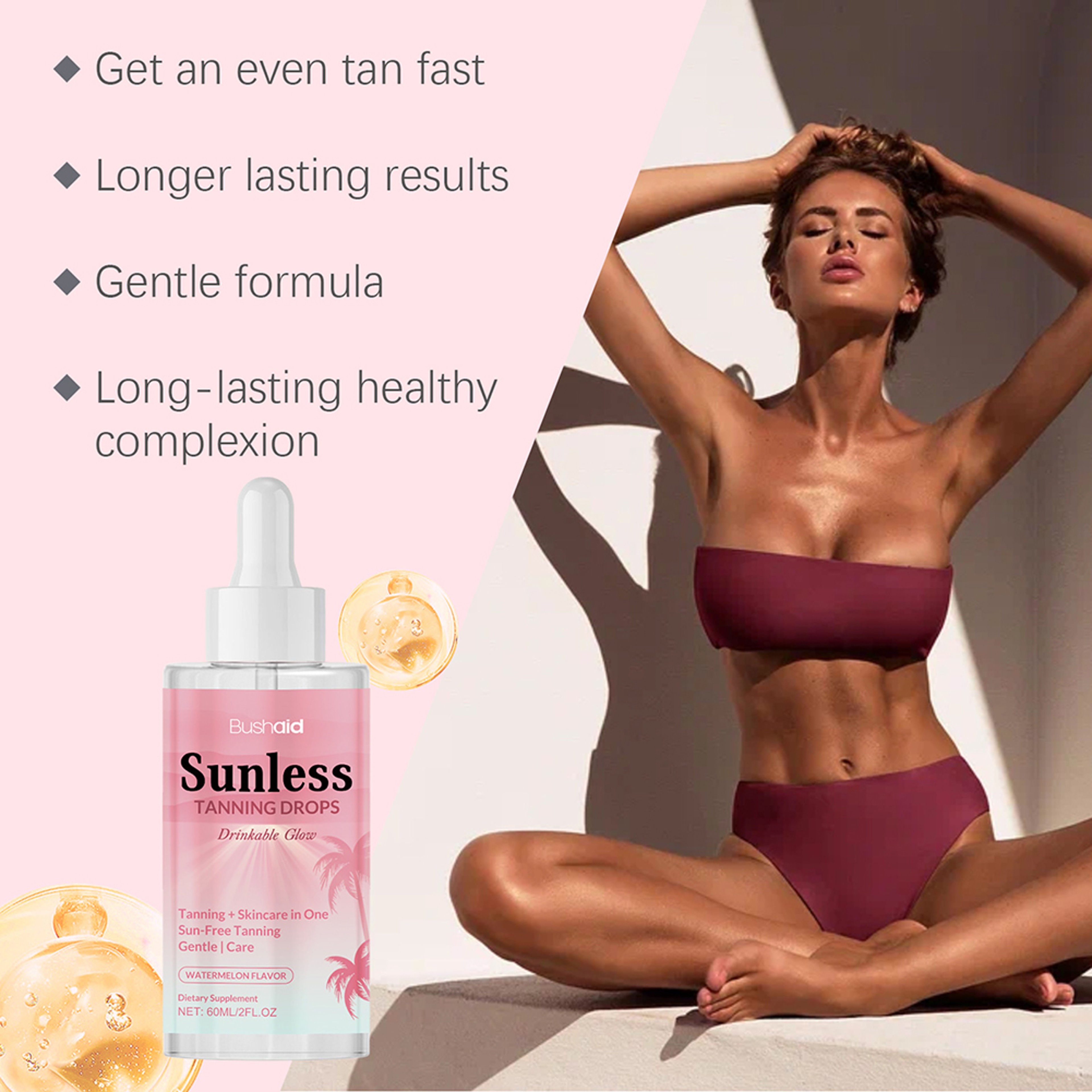 Moisturizing Bronzer Sunless Tanning Drops to Drink, Natural Tanner for Sun-Kissed Glow Face Body Outdoor Sunscreen Care – view 2