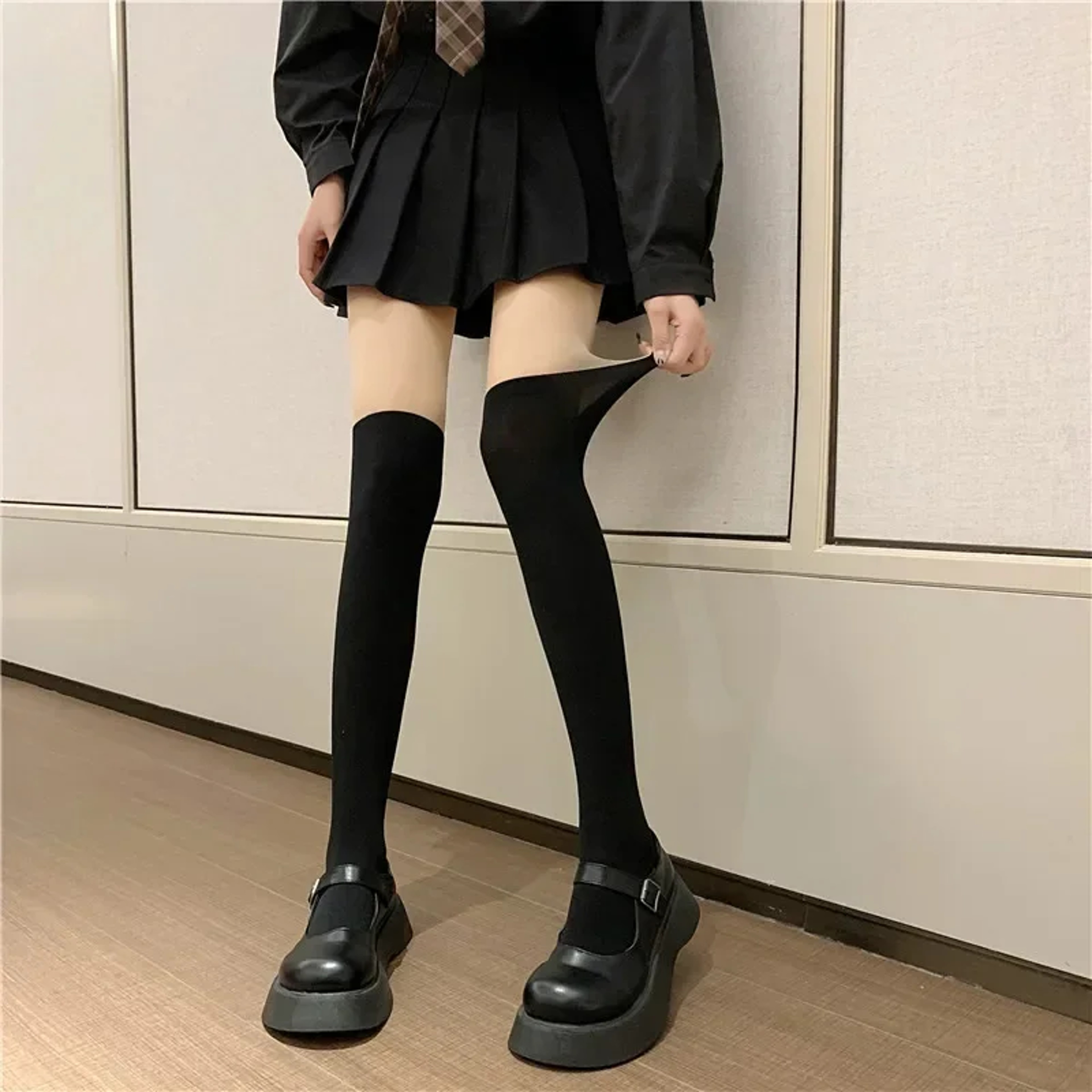 Sheer to Opaque Thigh High Illusion Stockings, Women's Fake Over the Knee Tights, JK Style Contrast Color Pantyhose – view 2