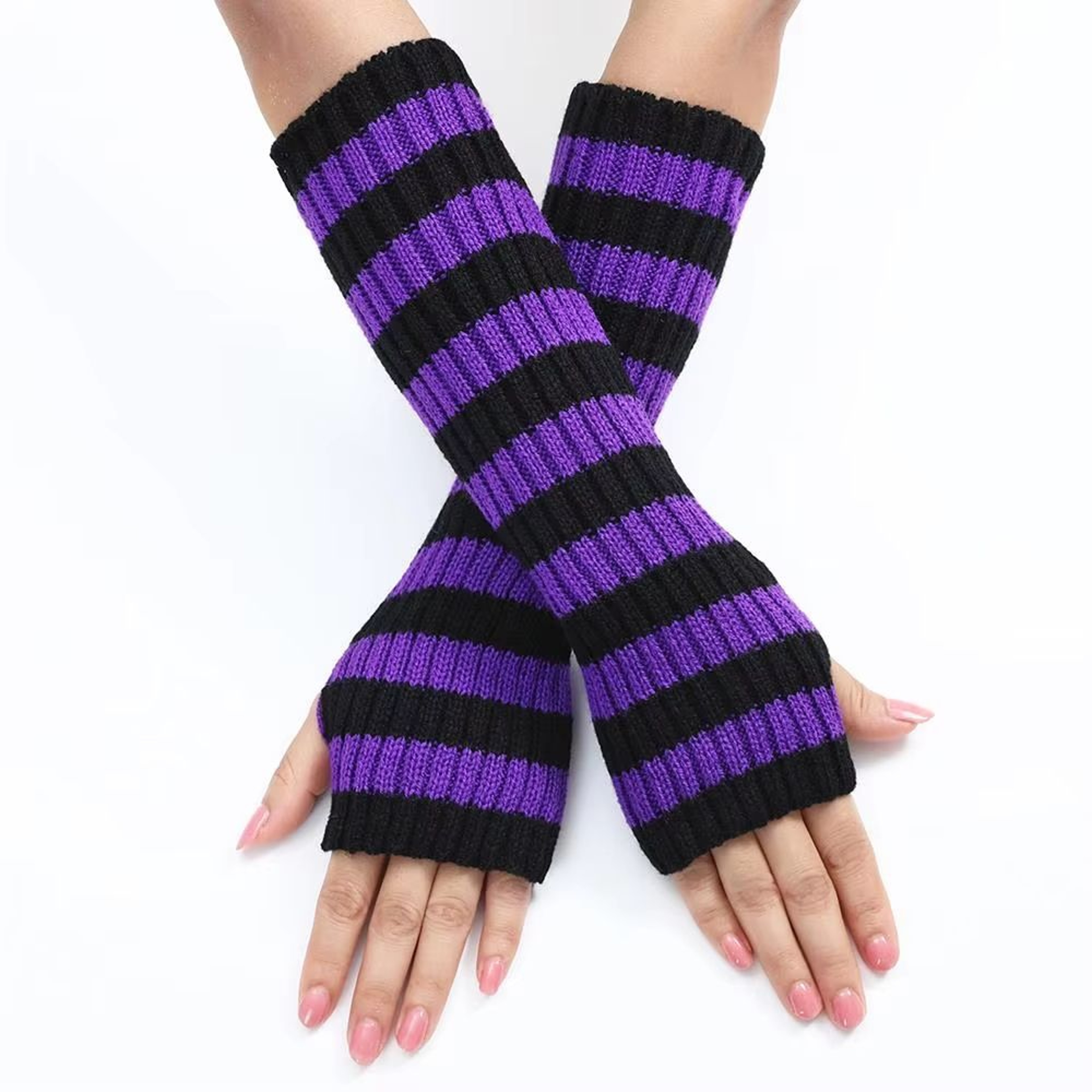 Womens Knitted Fingerless Arm Sleeves Gothic Style Striped Winter Long Arm Warmers For Girls Haraju 3
