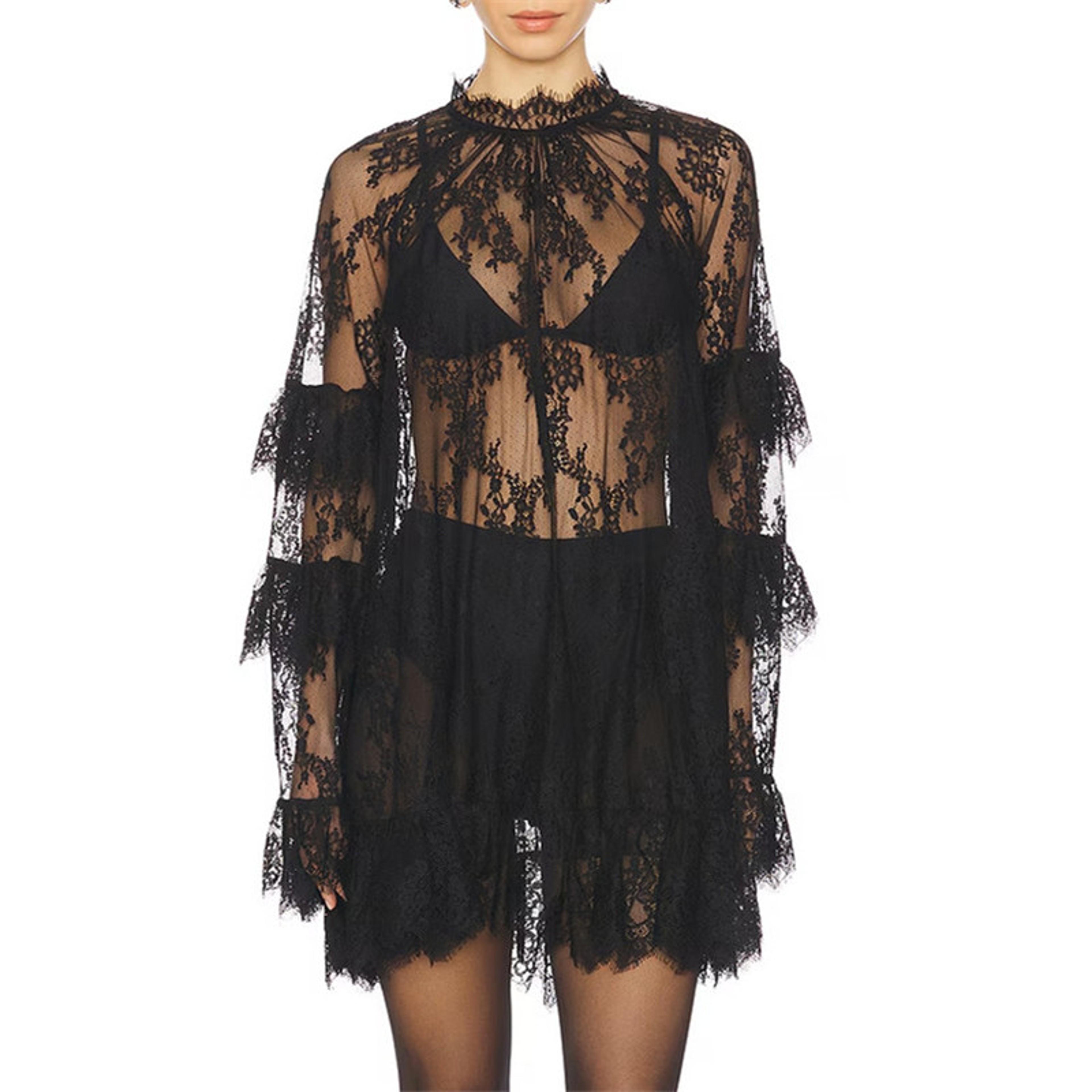 Hirigin Women's Floral Lace Sheer Dress, Sexy See Through Mesh Long Sleeve Mini Dress with High Neck for Cocktail Party – view 8