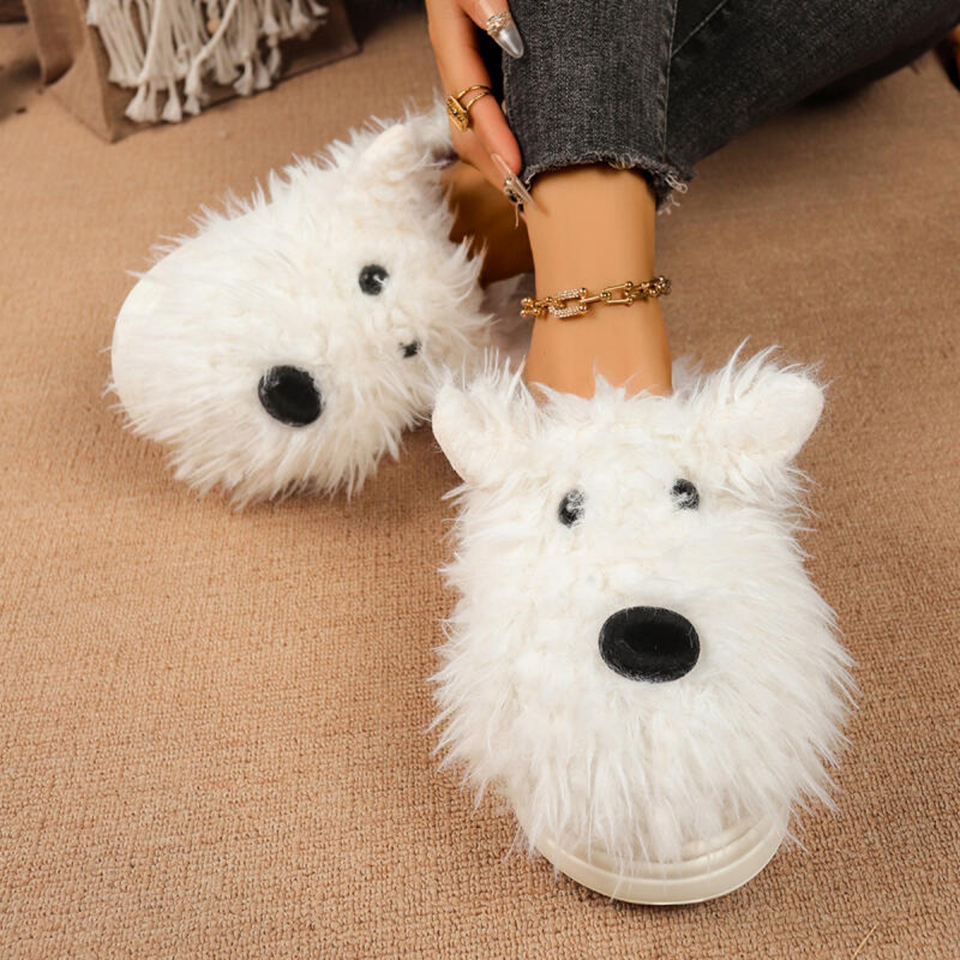 Cartoon Puppy Slippers For Women Winter Warm Fluffy Fur Indoor Mules With Thick Bottom Cozy Plush H 0