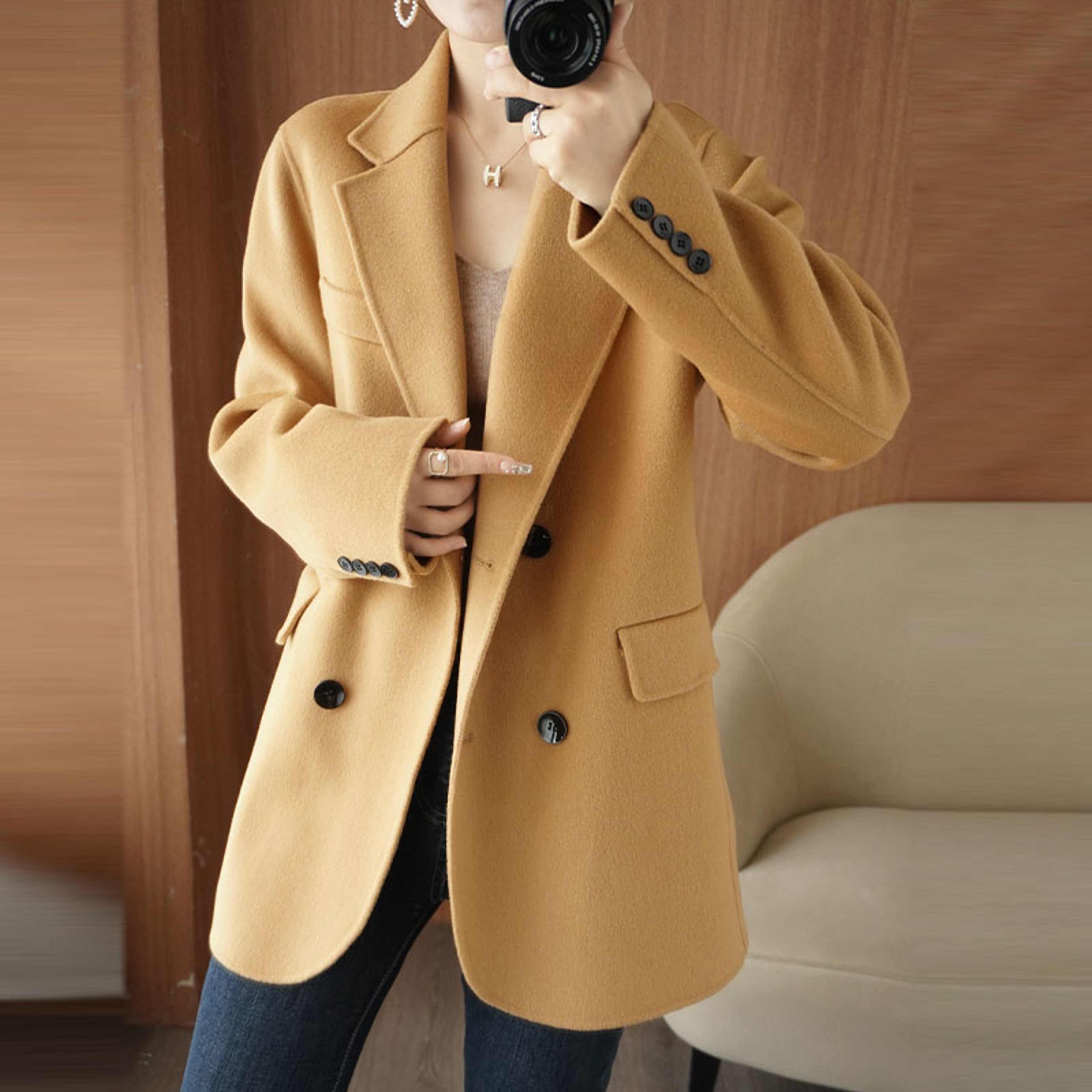 Classic Women's Long Jacket, Cashmere, Thick, Double Sided, Multi functional Fashion, Suitable for Business Fashion – view 4