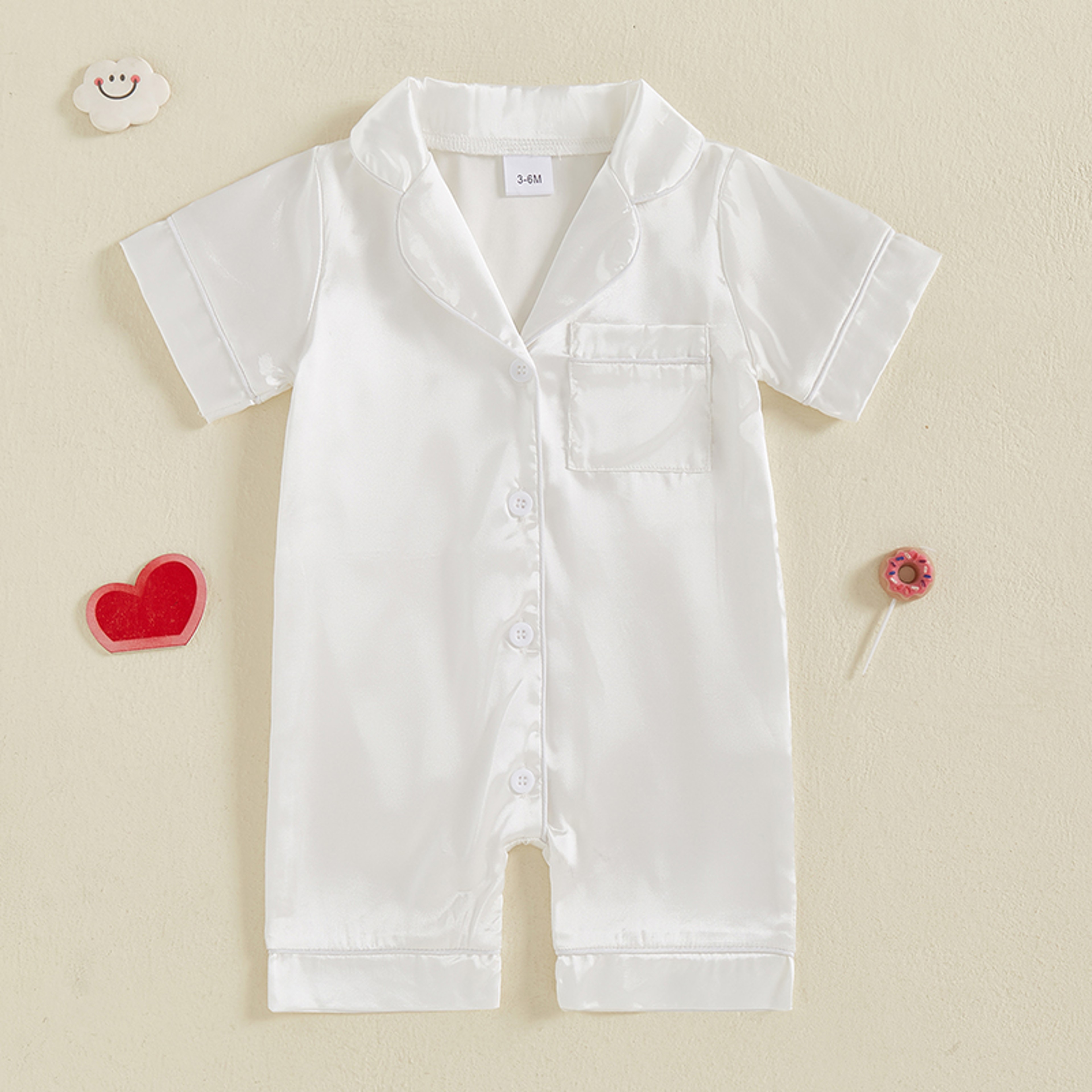 Cute Toddler Sleepwear, Baby Boy Girl Satin Pajama Set, Short Sleeve Button Up Shorts Jumpsuit – view 6