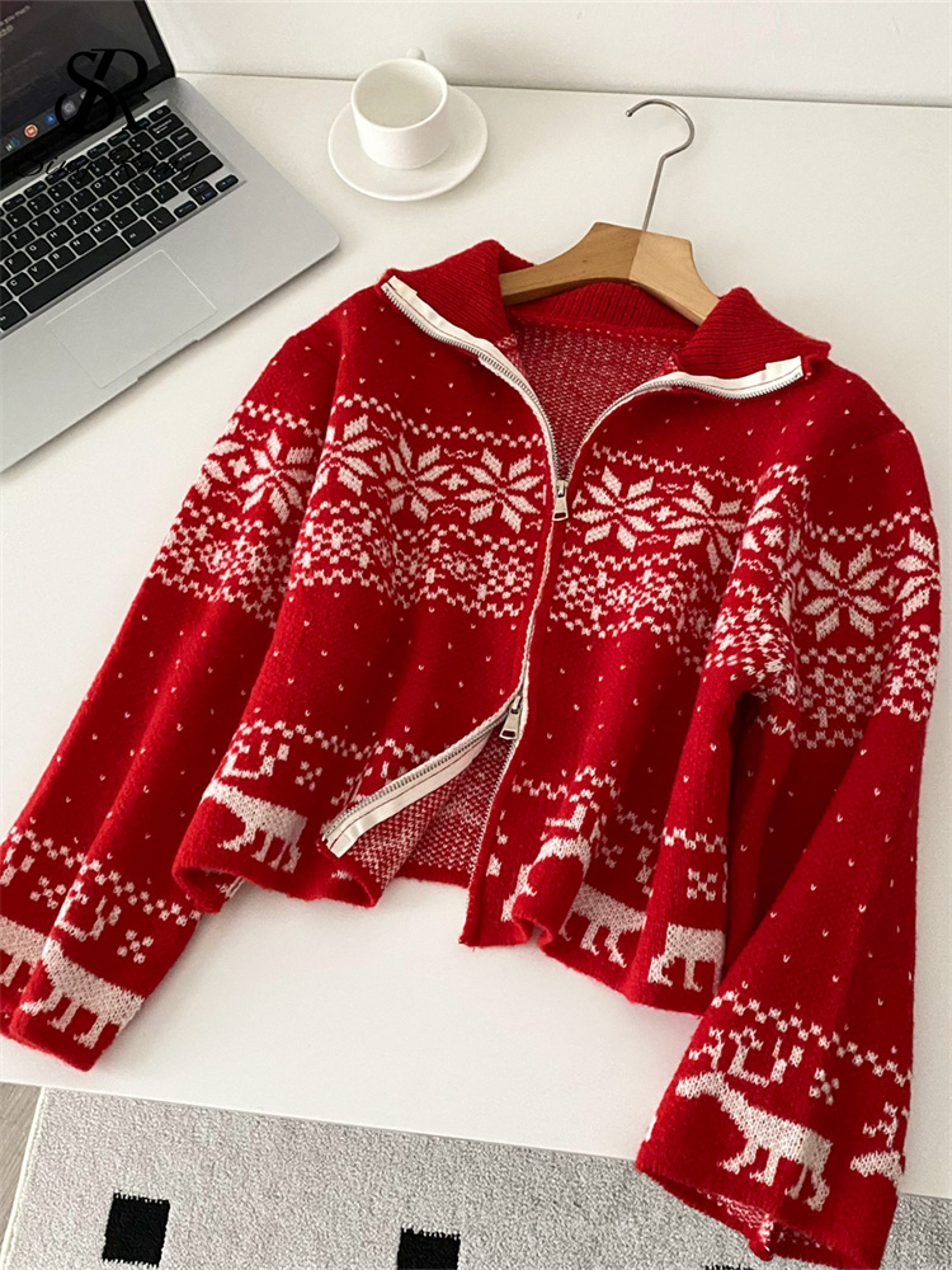 Trendy Streetwear Coat, Casual Sweater Short Cardigan for Ladies, Lapel Neck Zipper Print, Autumn and Christmas Style – view 9