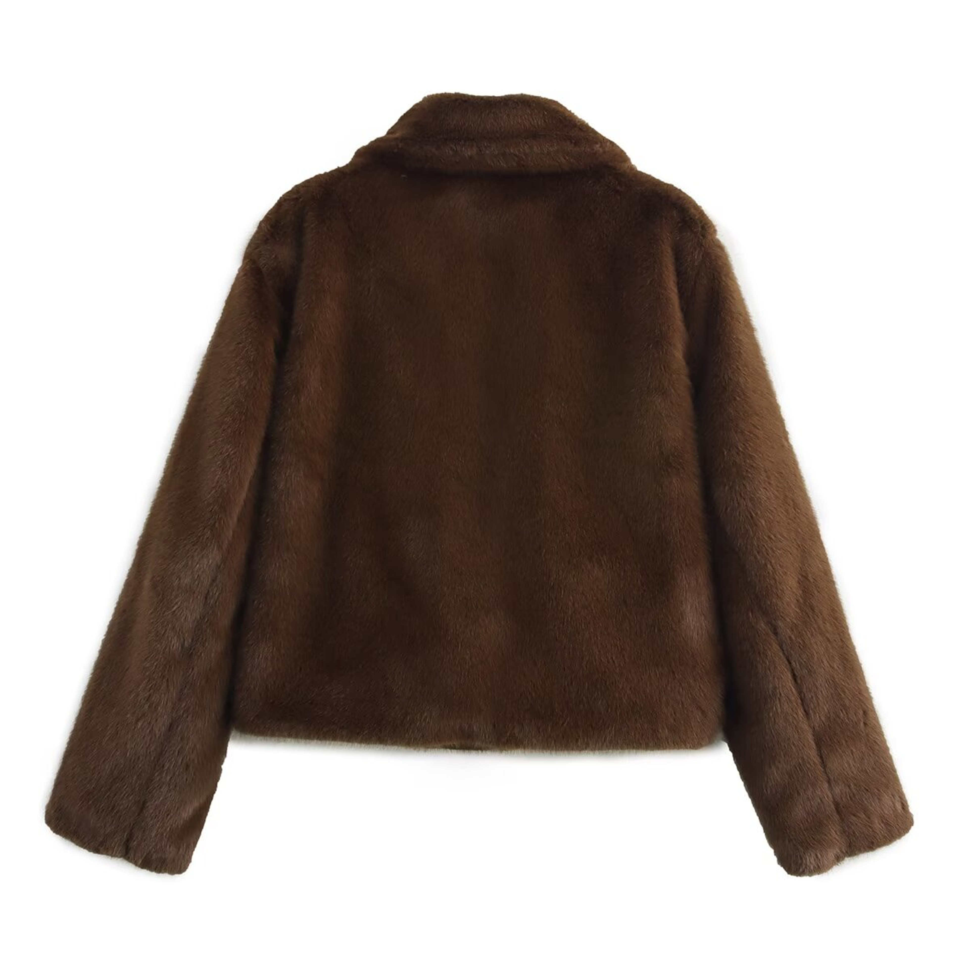 Brown Faux Fur Jacket, Women's Retro Streetwear Coat, Casual Crop Style with Side Pockets, Thick Warm Lapel for Winter – view 3