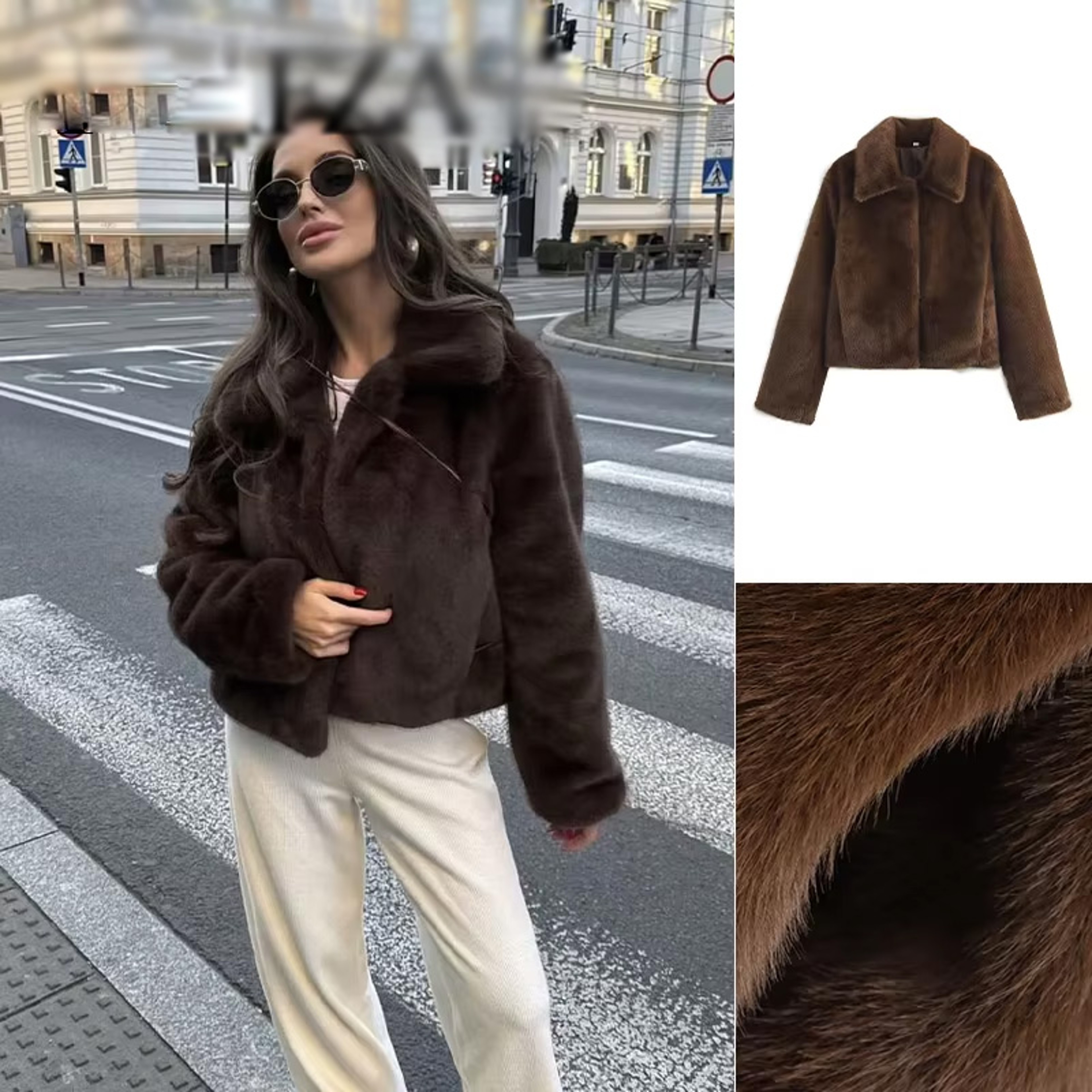Brown Faux Fur Jacket, Women's Retro Streetwear Coat, Casual Crop Style with Side Pockets, Thick Warm Lapel for Winter – view 4