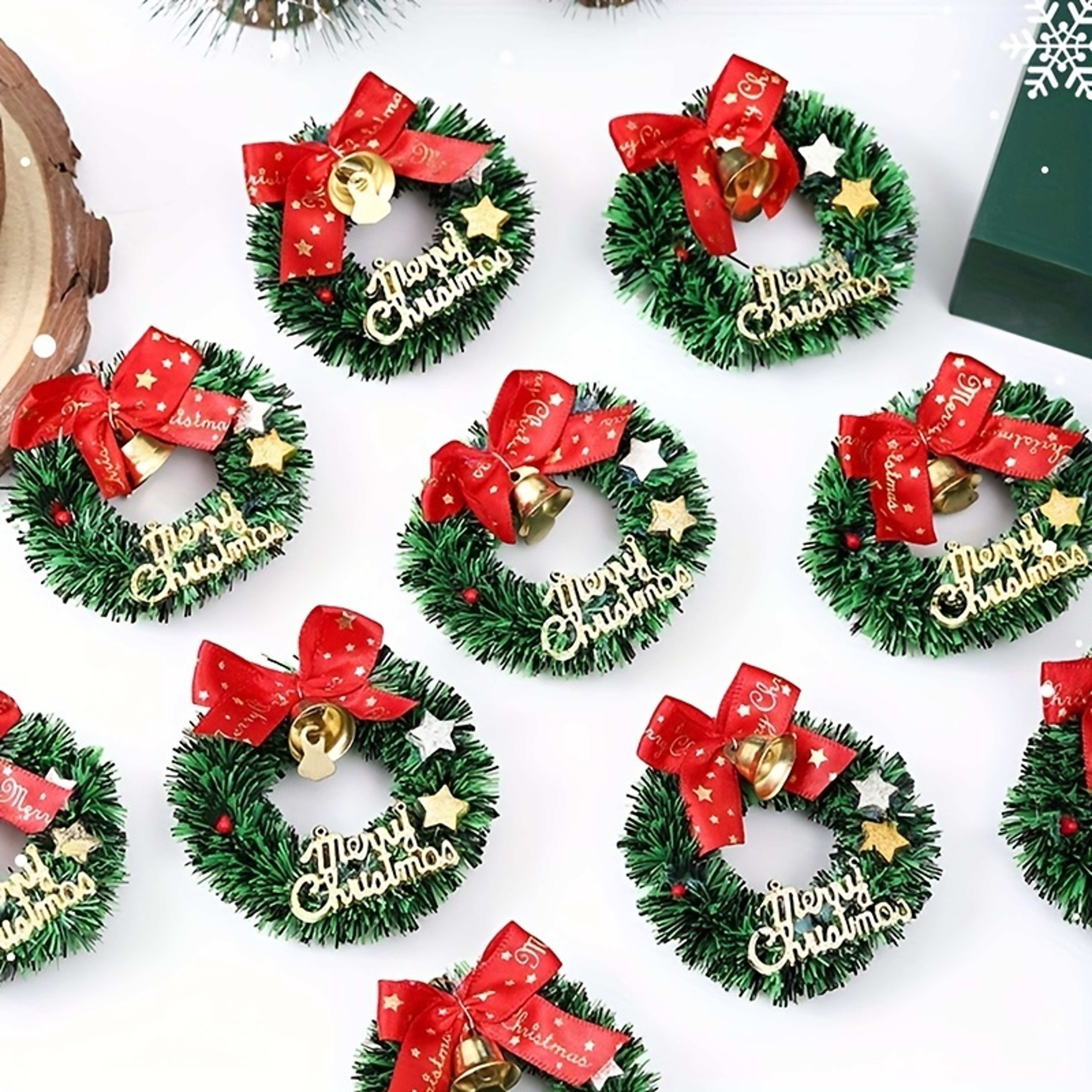 Mini Christmas Wreaths Pack, Artificial Plastic Tree Ornaments, Festive Red Bows and Golden Bells Decorations – view 1