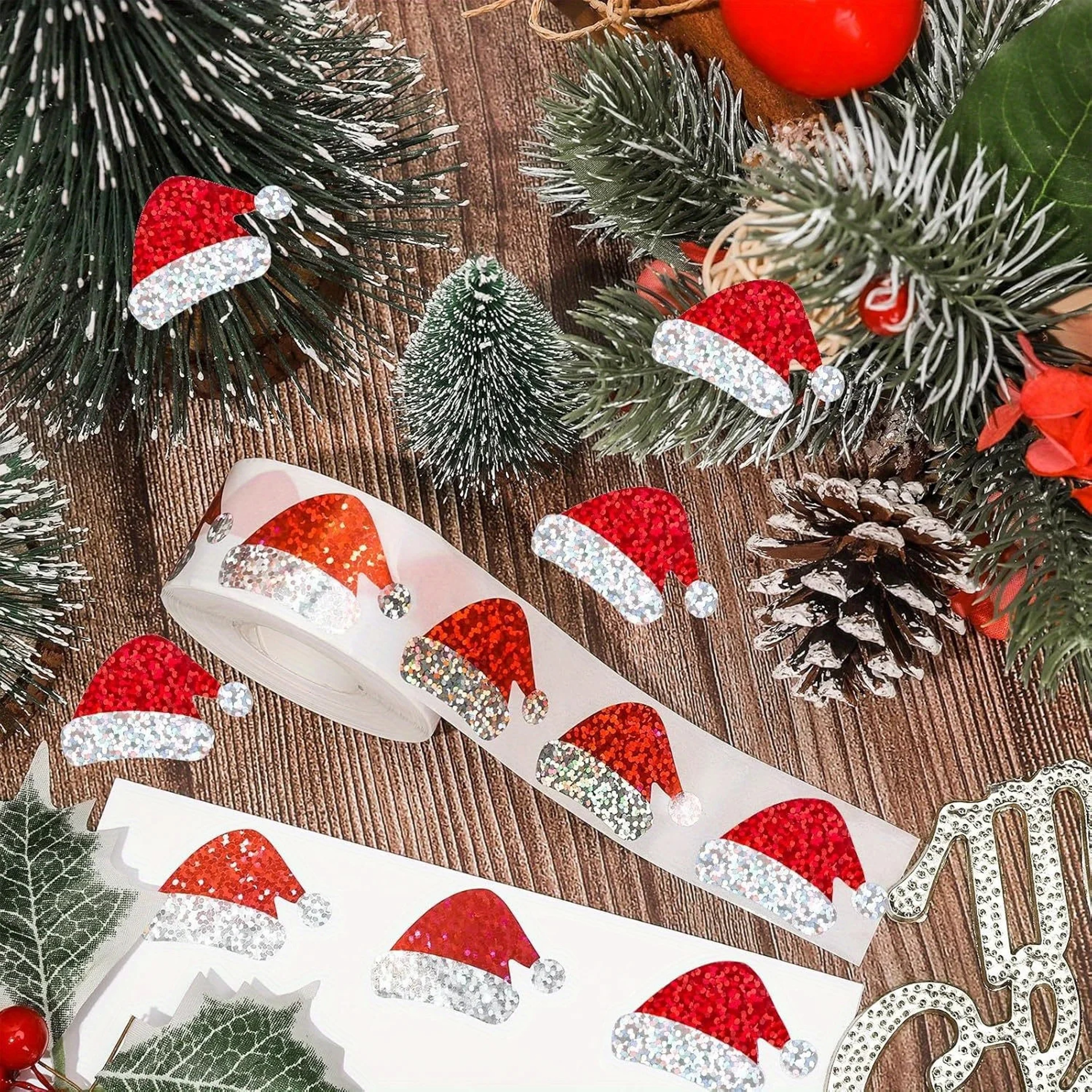 Flashing Christmas Hat Sticker, Laser Santa Claus Hat Waterproof Sticker, Red Christmas Envelope and Journal Decor – view 3