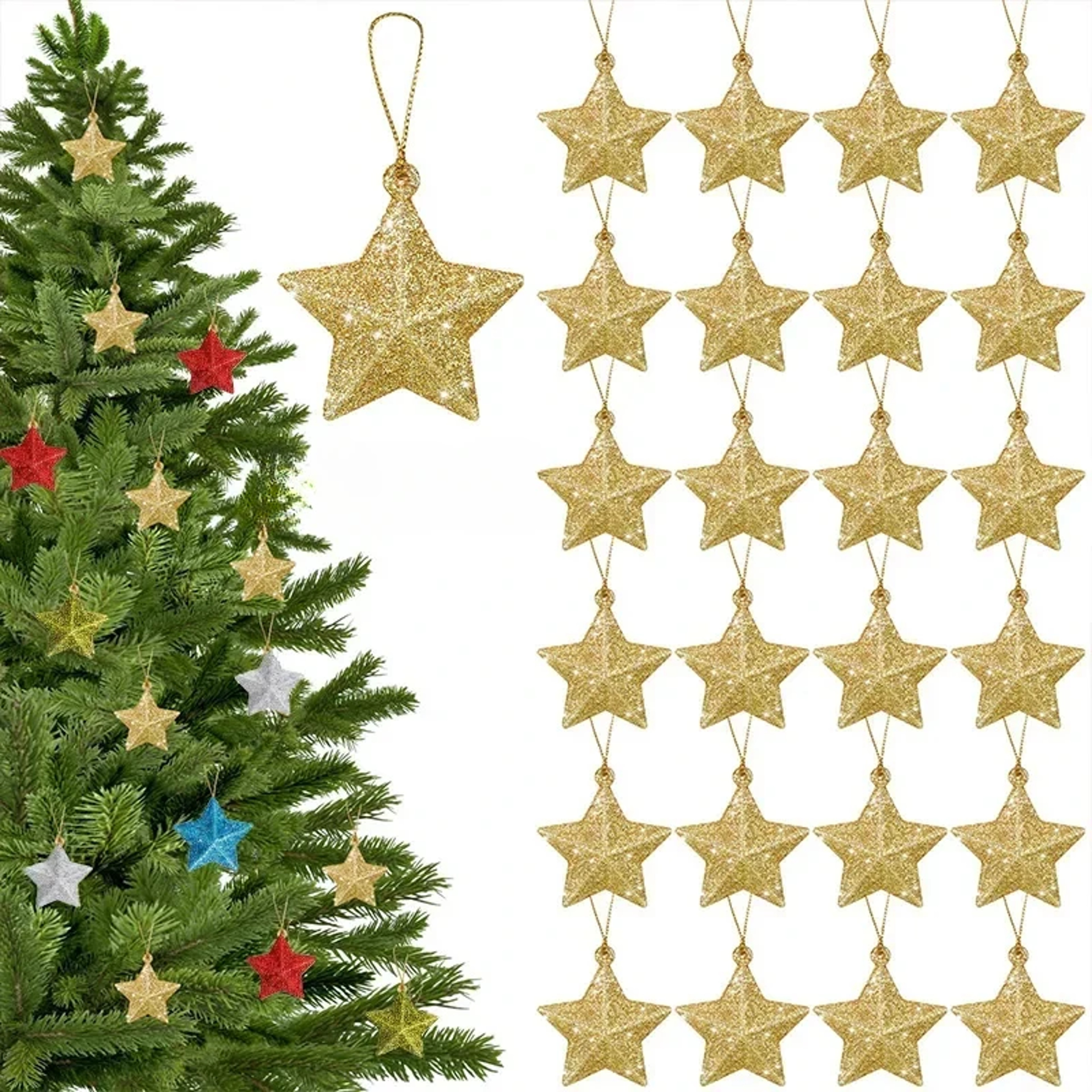 Gold Glitter Star Decorations, Plastic Christmas Ornaments, Christmas Tree Hanging Decorations, Holiday Home Decor – view 2