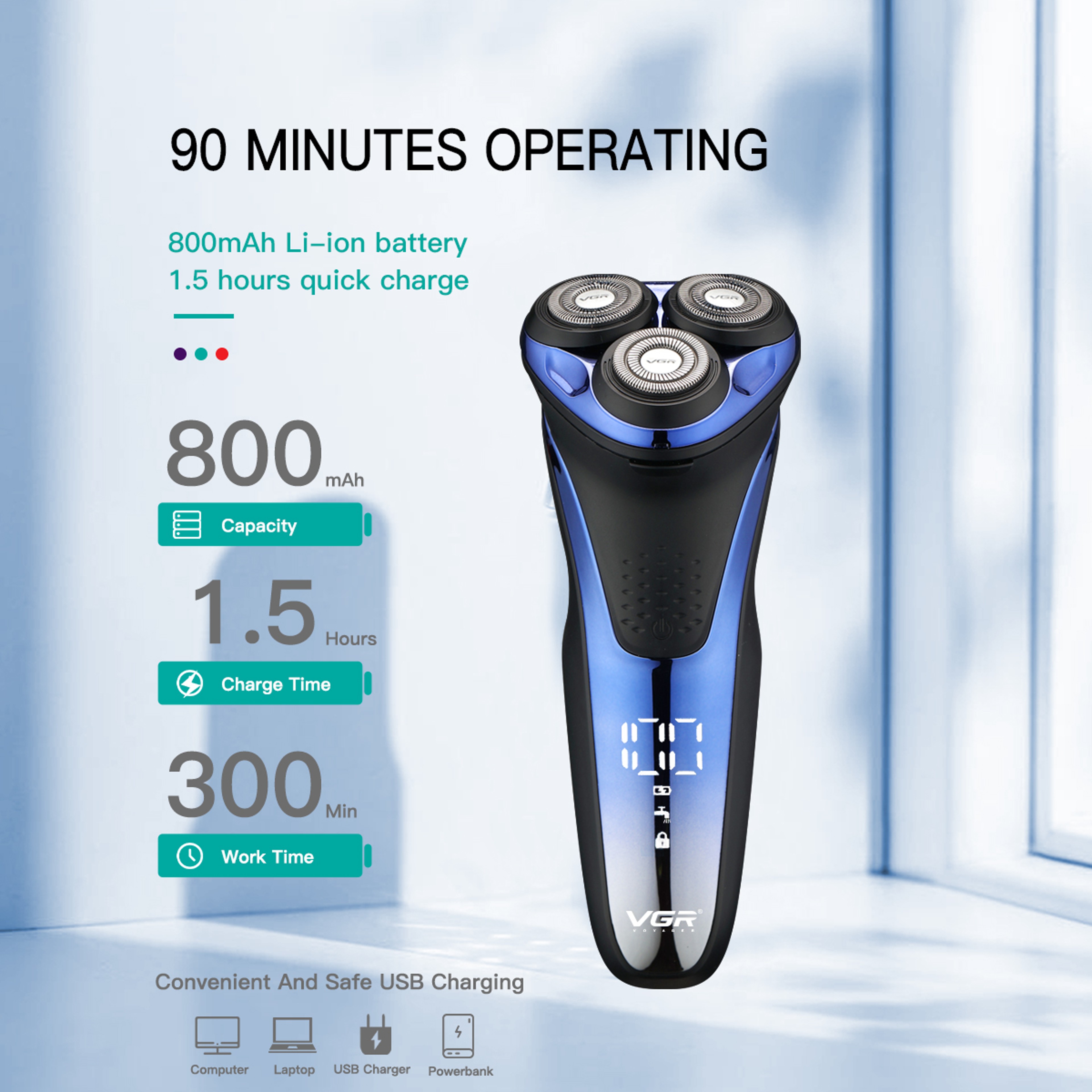 Rechargeable Waterproof Electric Shaver with Rotary Heads, LED Display & Pop Up Trimmer – view 5