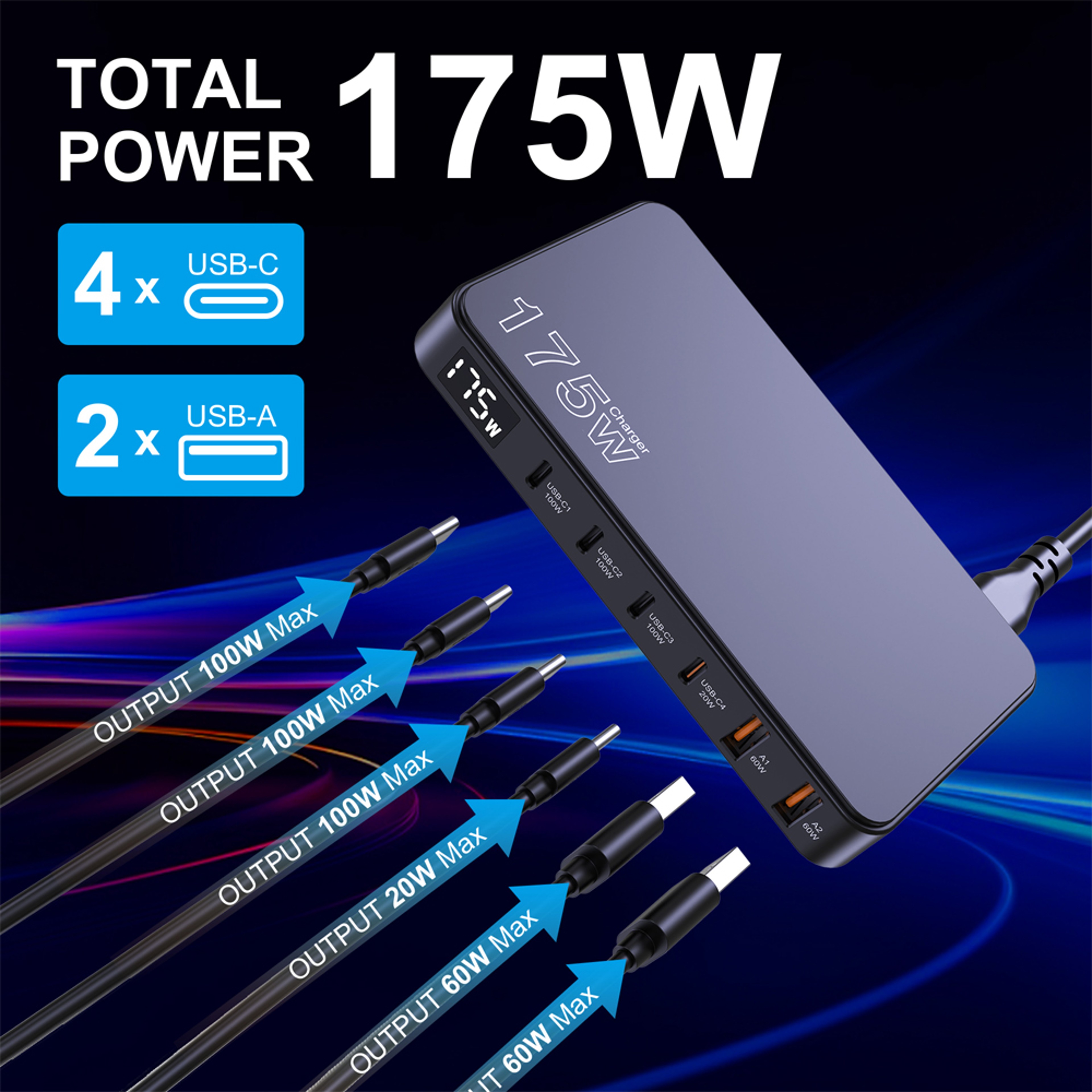 175W GaN USB C Desktop Charger 6Port PD 100W PPS 45W Fast Charging with LED Display
