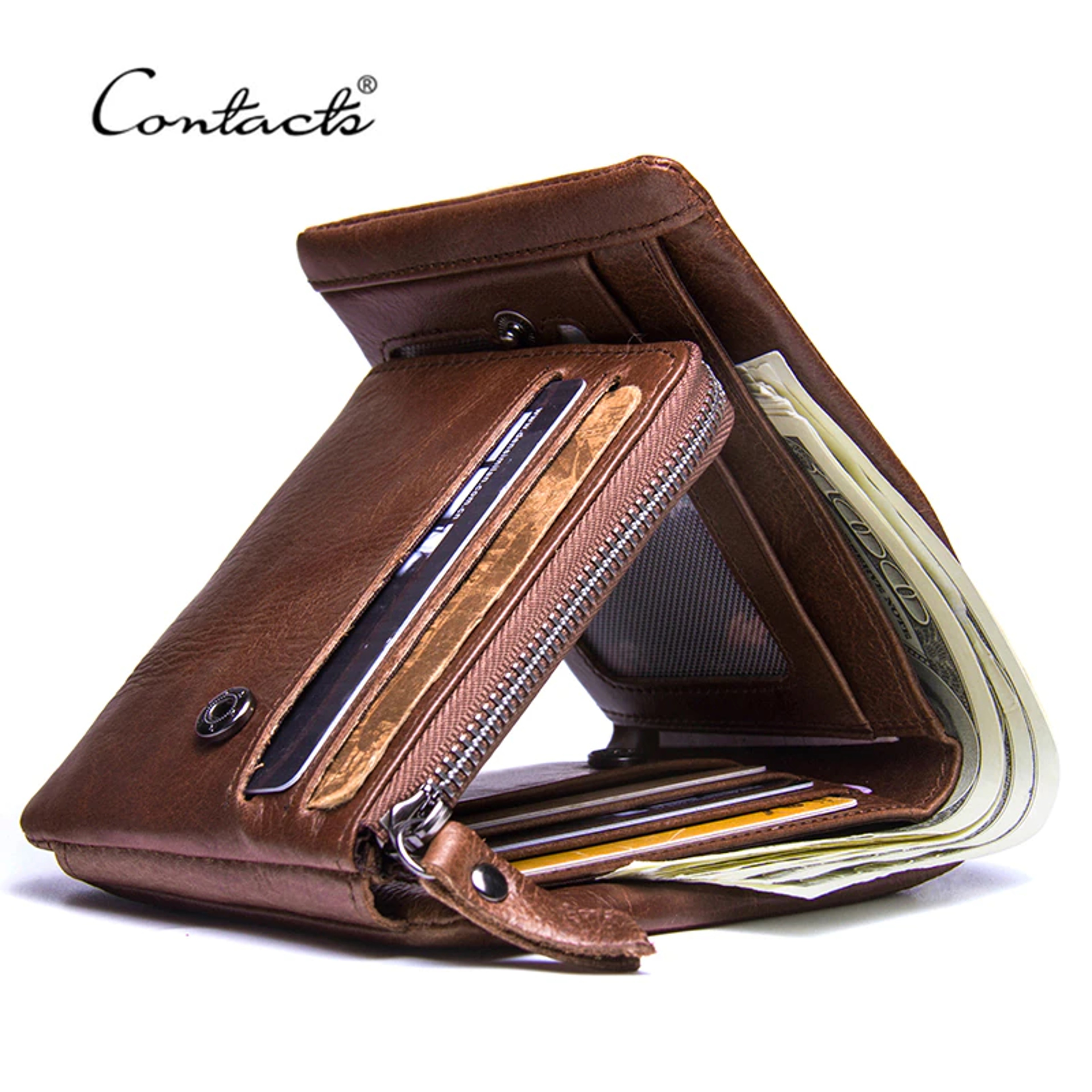 Vintage Trifold CONTACTS Crazy Horse Leather Men Wallet Zip Coin Pocket Cowhide Leather Purse For M 0