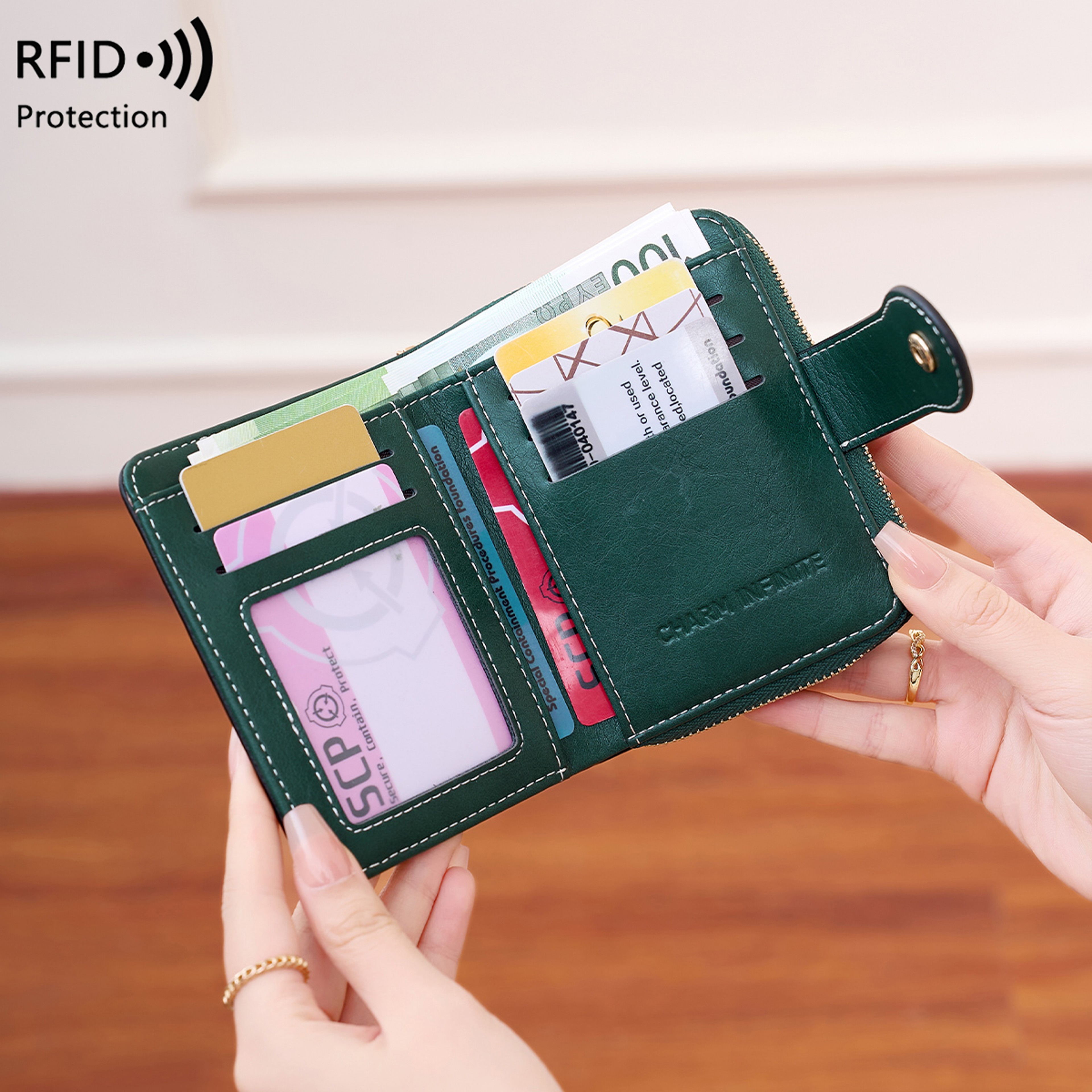 Women RFID Blocking Wallet, Zipper Buckle Multi-Card Holder, Retro Short Coin Purse, Compact Functional Design – view 3