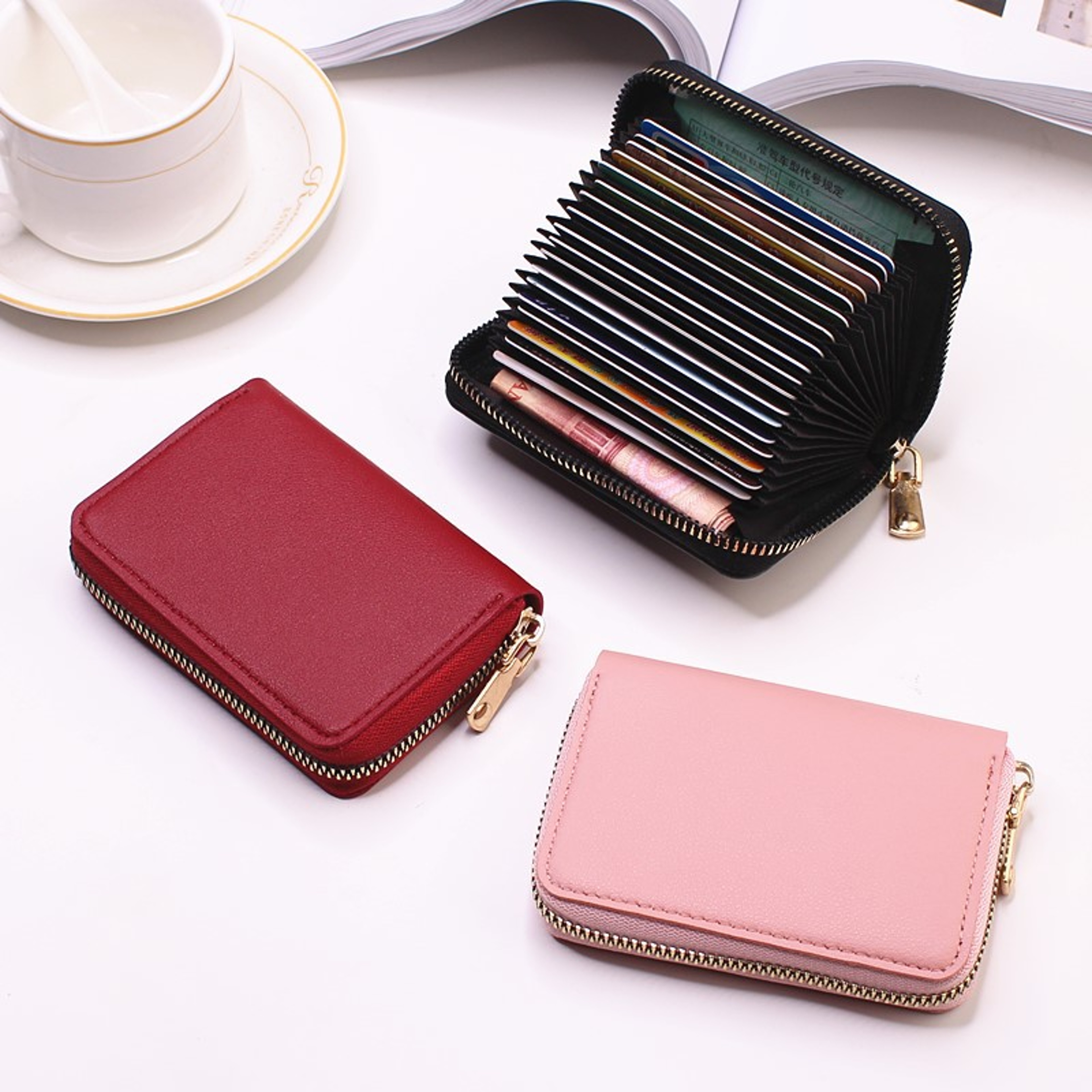 PU Leather Business Card Holder Wallet, Gray Credit Card Case for Men Women, 9 Slot ID Organizer Coin Purse – view 1