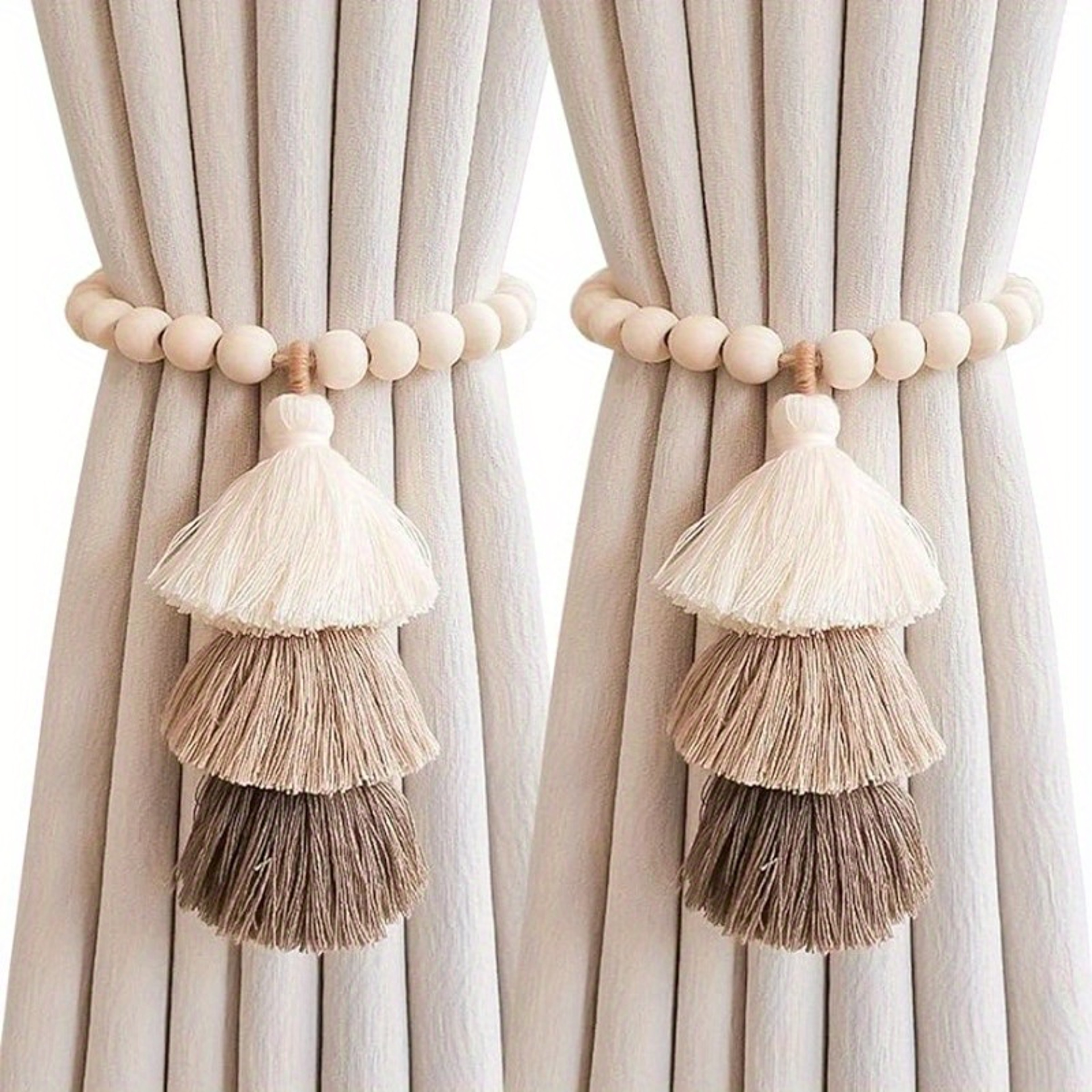 2pcs Bohemian Farmhouse Curtain Ties, Handmade Wooden Bead Curtain Holdbacks for Bedroom, Living Room & Home Decor – view 1