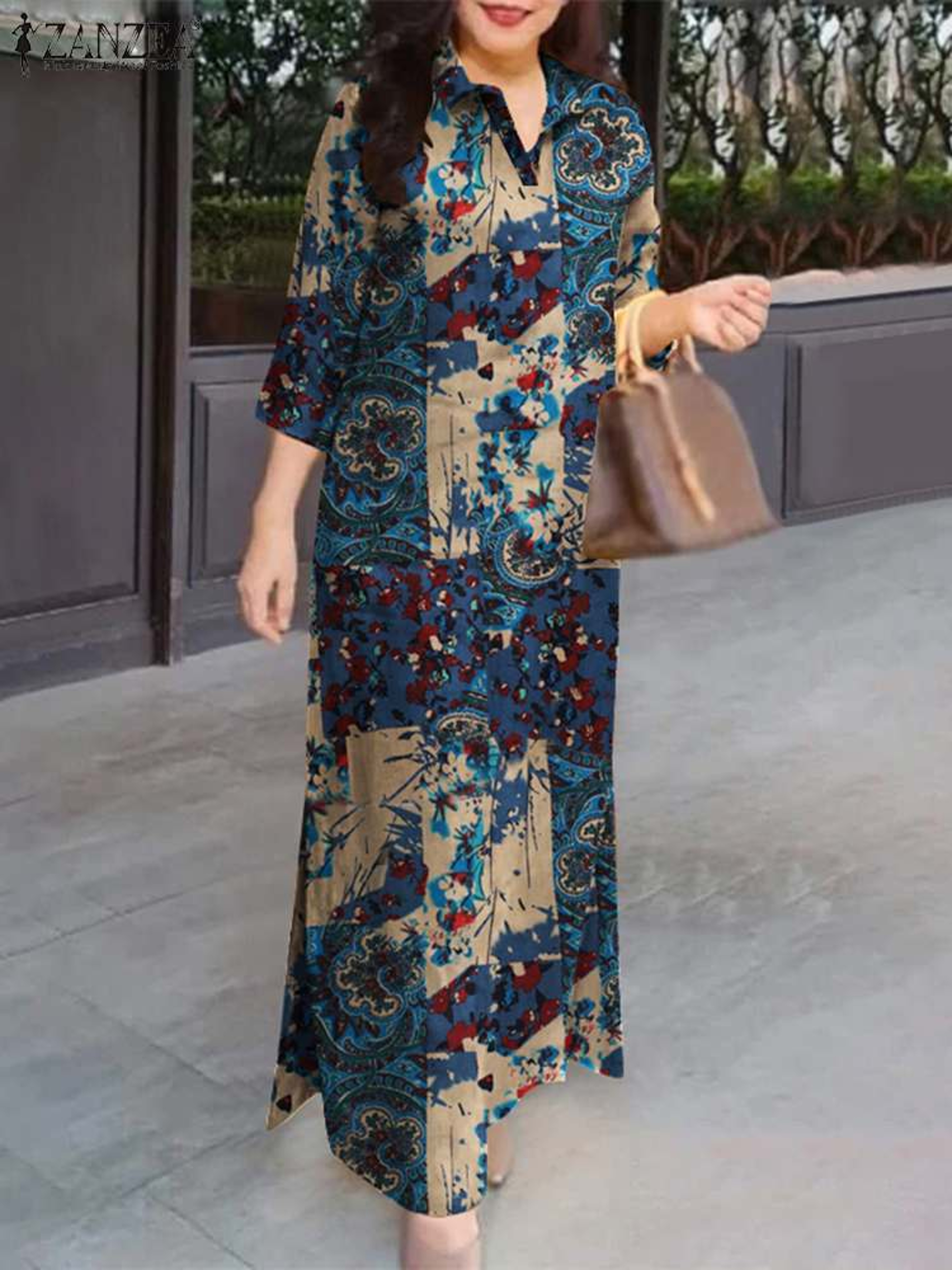 Autumn Cotton Maxi Sundress Women Fasihon Shirtdress Lapel Oversized Vintage Floral Print Sleeve Lo 0