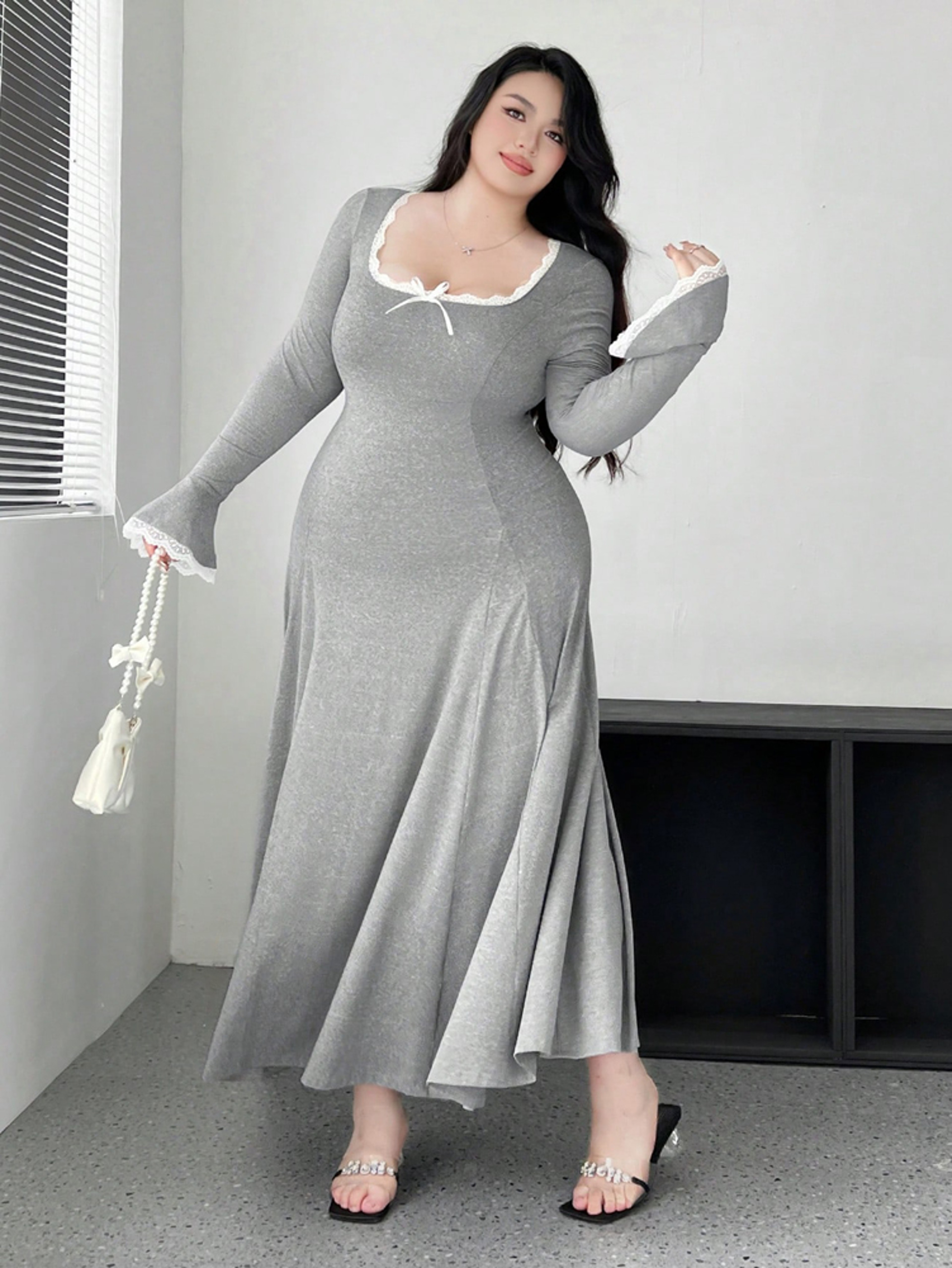 Plus Size Pure Color Knit Elegant Waist Slim ALine Draped Dress Maxi Women Outfit Casual Elegant Pu 2