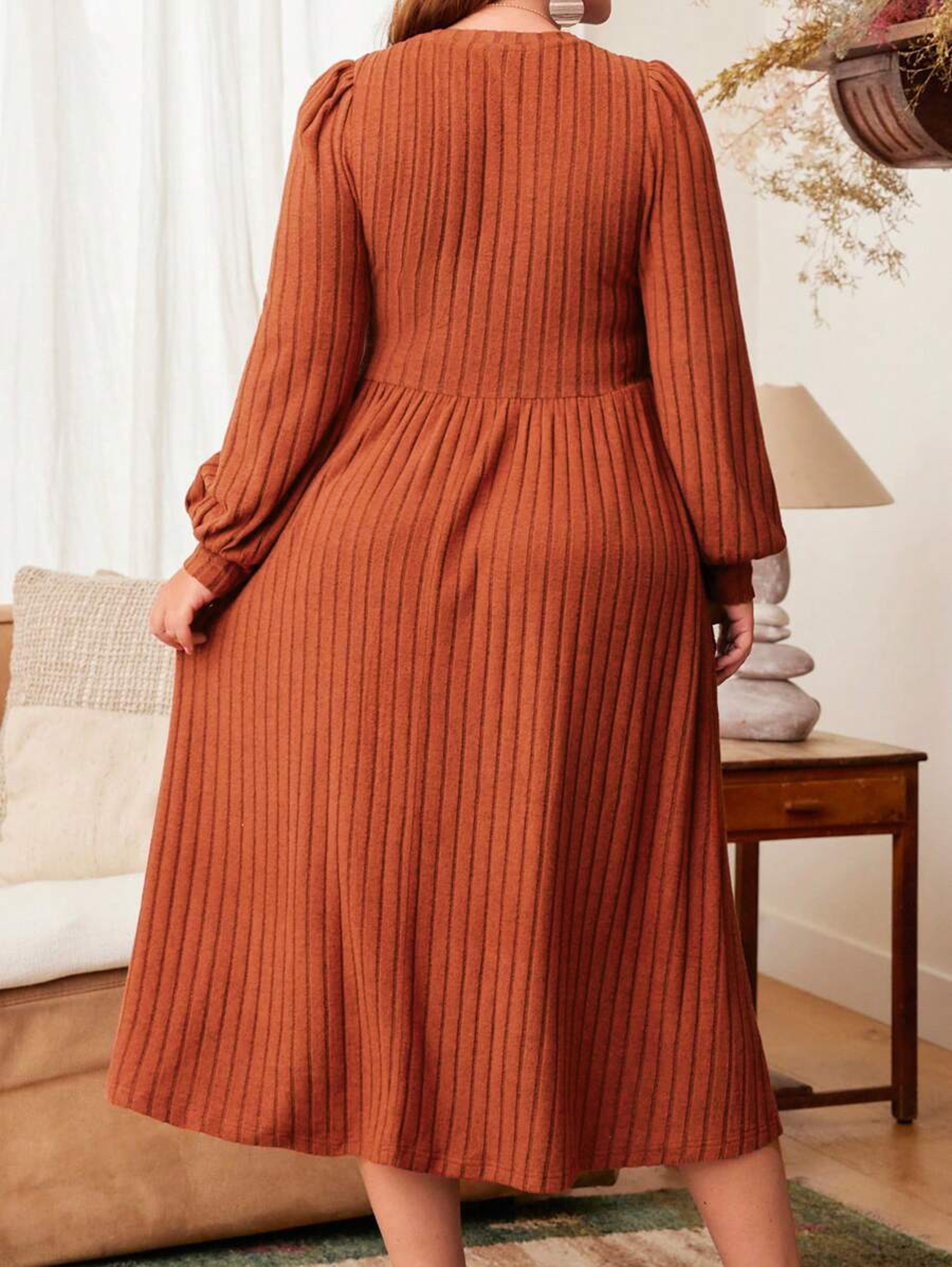 Solid Color Plus Size Womens Autumn And Winter Dresses Round Neck Long Sleeve Maxi Dress For Everyd