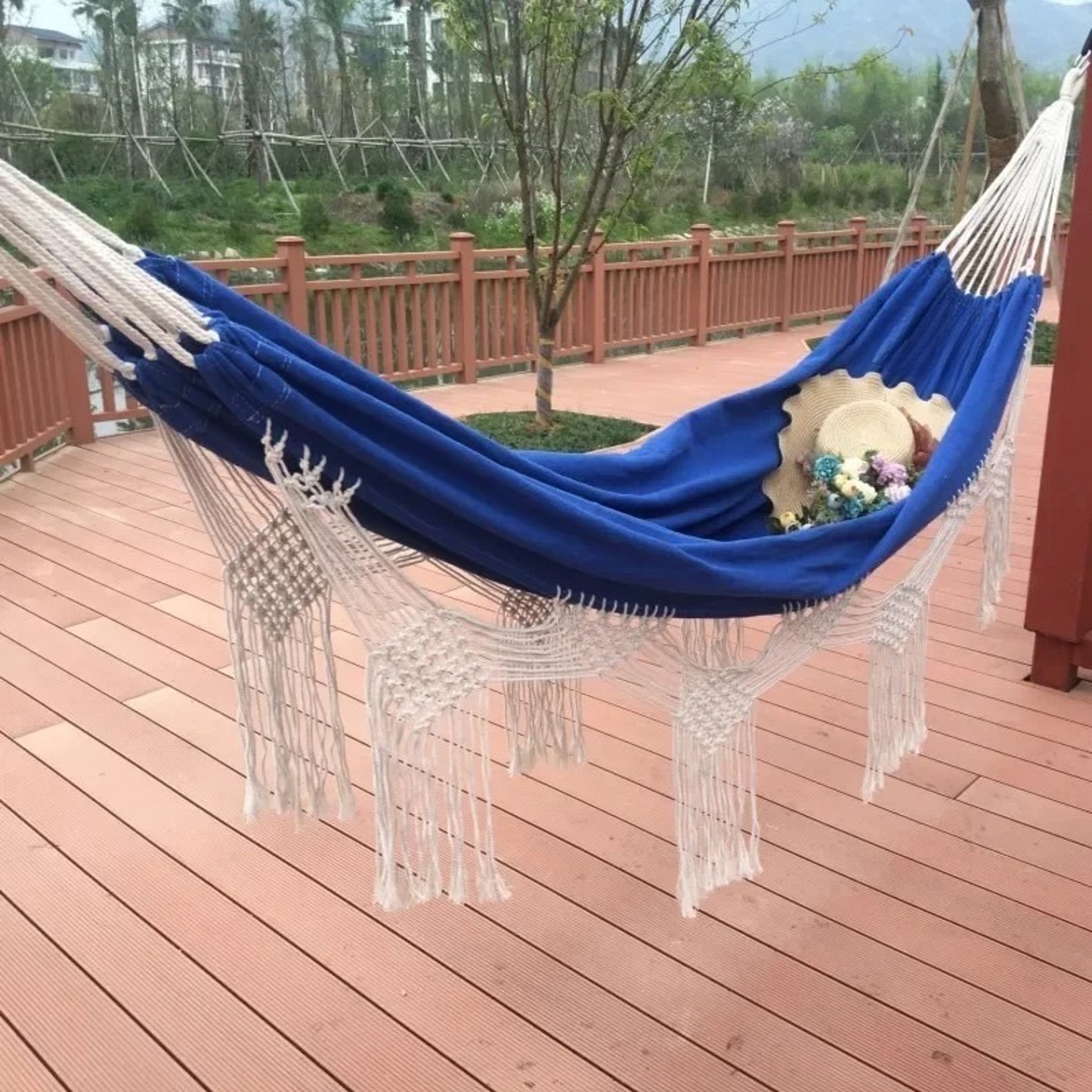 Boho Double Hammock With Macrame Tassels For Beach Camping And Backyard Relaxation 1