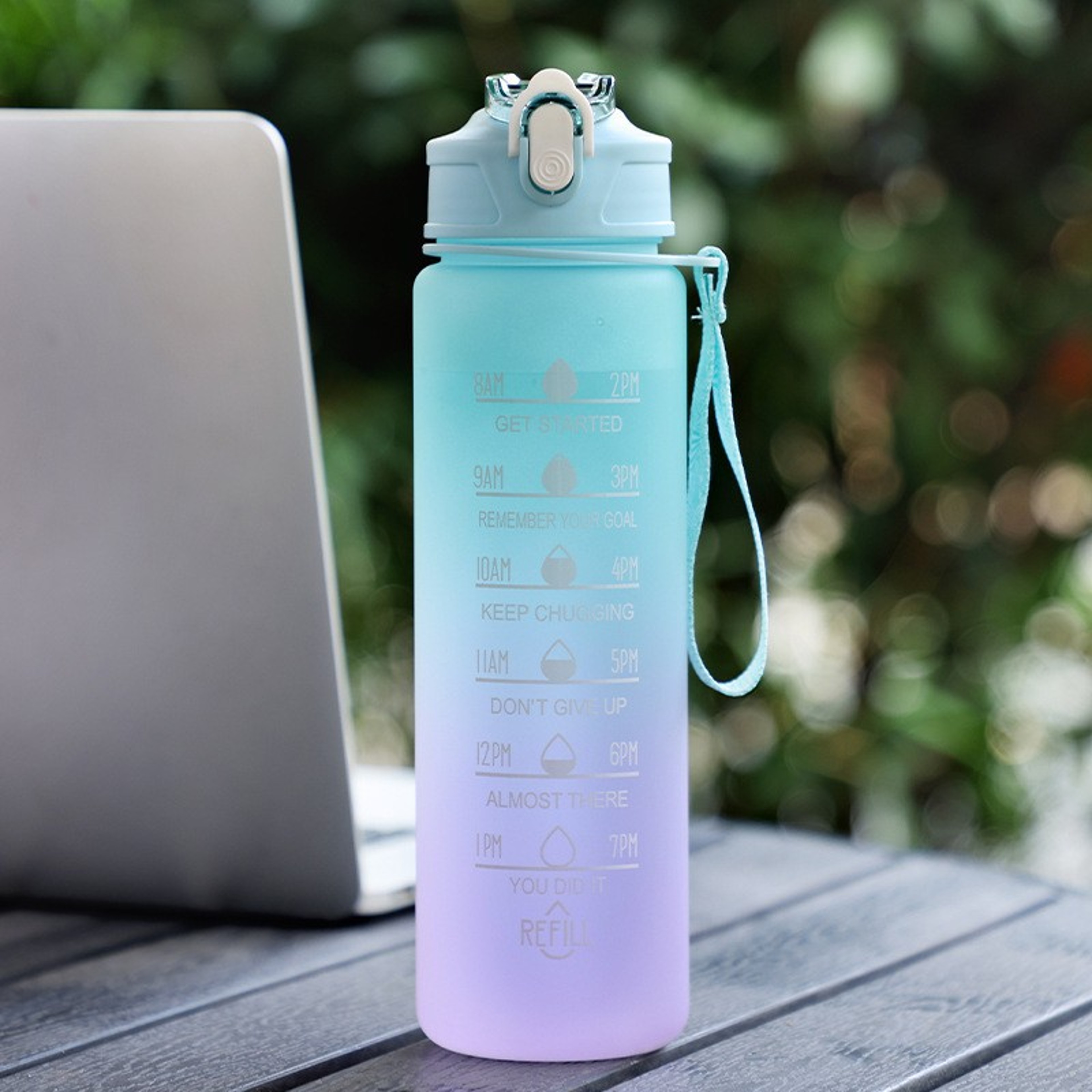Gradient Rainbow Frosted Sports Water Bottle Leakproof Motivational Fitness Mug – view 9