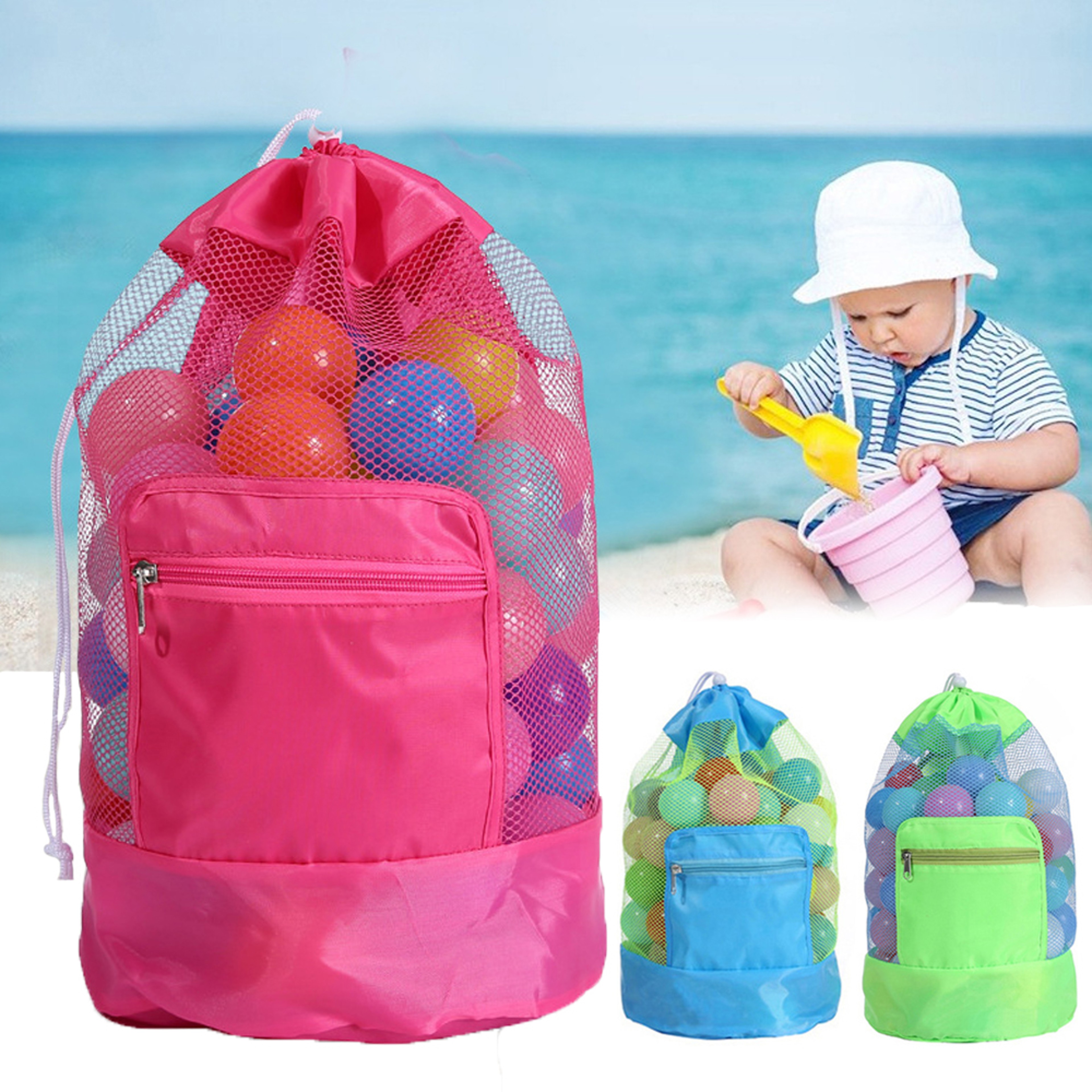 Foldable Mesh Beach Toy Bag Drawstring Backpack With Zipper Pocket 2