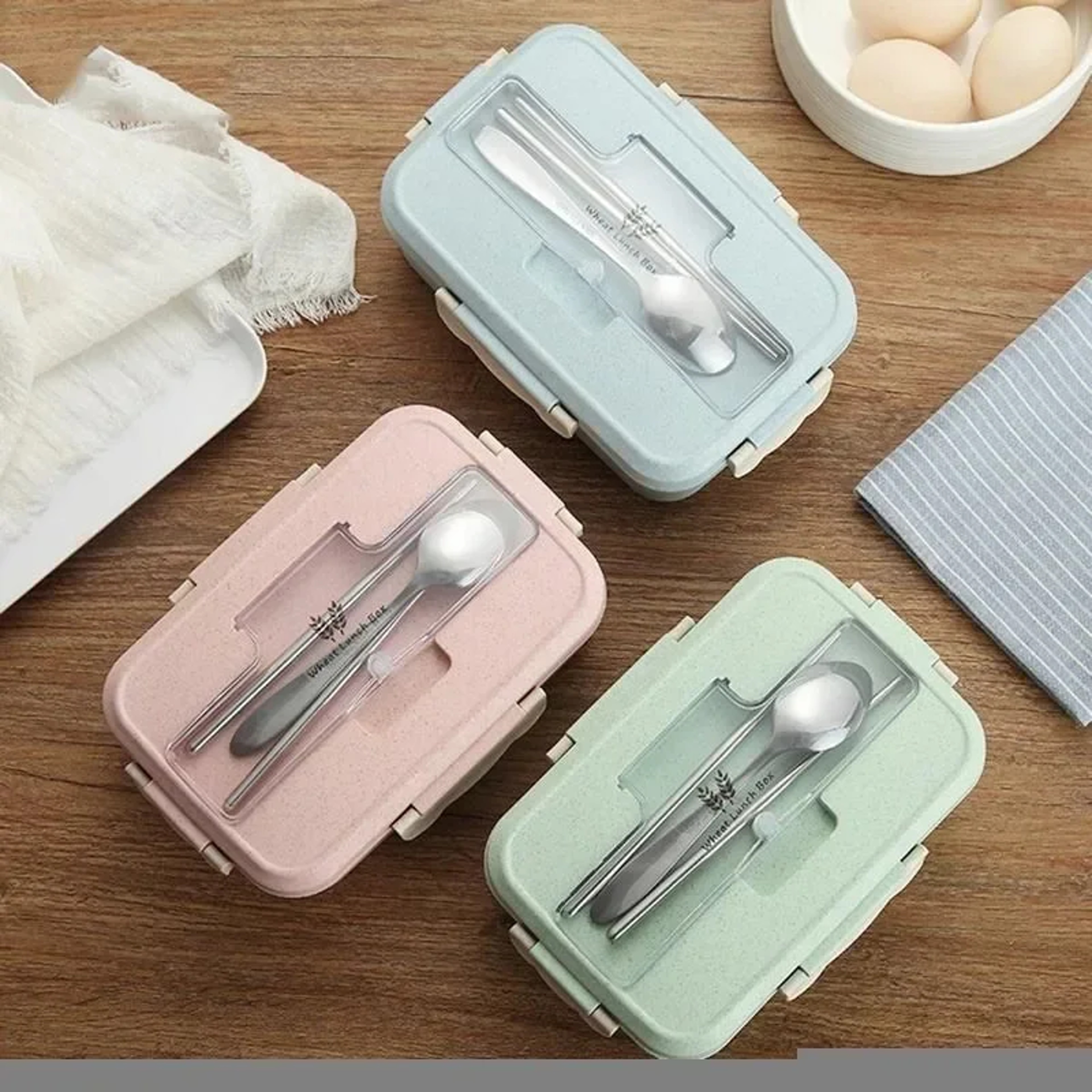 Wheat Straw Microwave Lunch Box With Spoon And Chopsticks For Kids School And Office 3