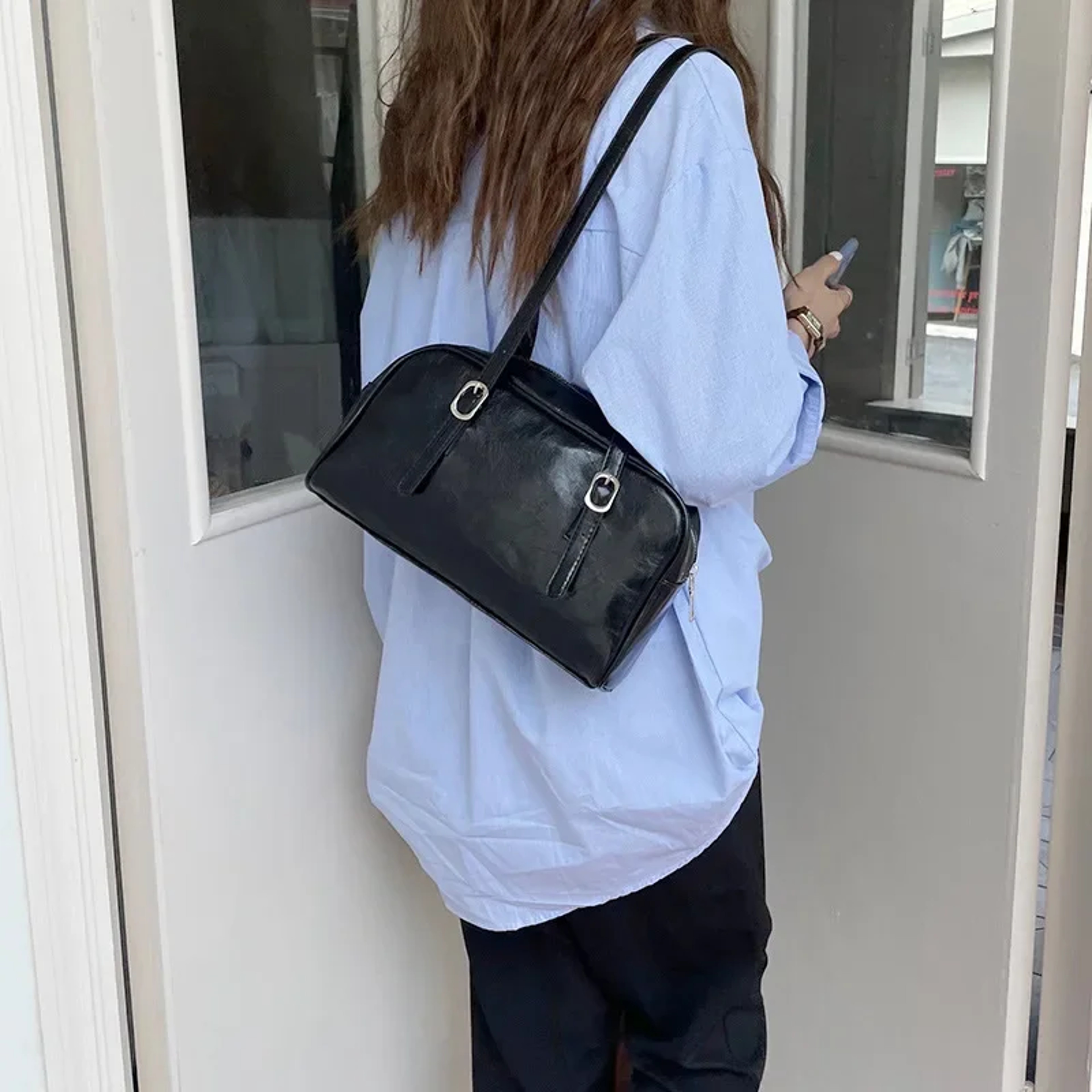 Green PU Leather Tote Bag For Women Large Capacity Everyday Shoulder Bag 1