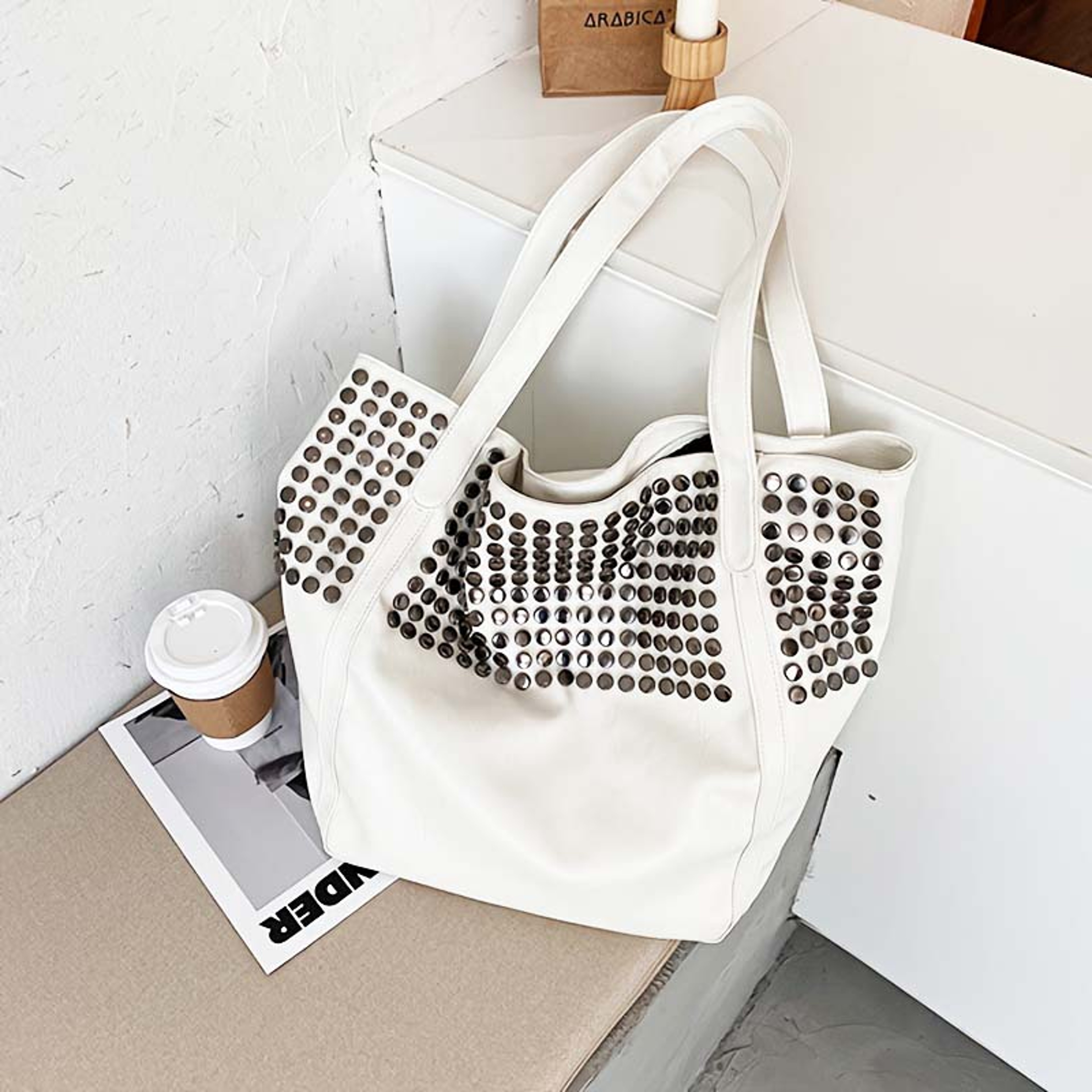 Rivet Accent Large Capacity Tote Bag For Women Stylish Shoulder Handbag Everyday Shopping Bag 5