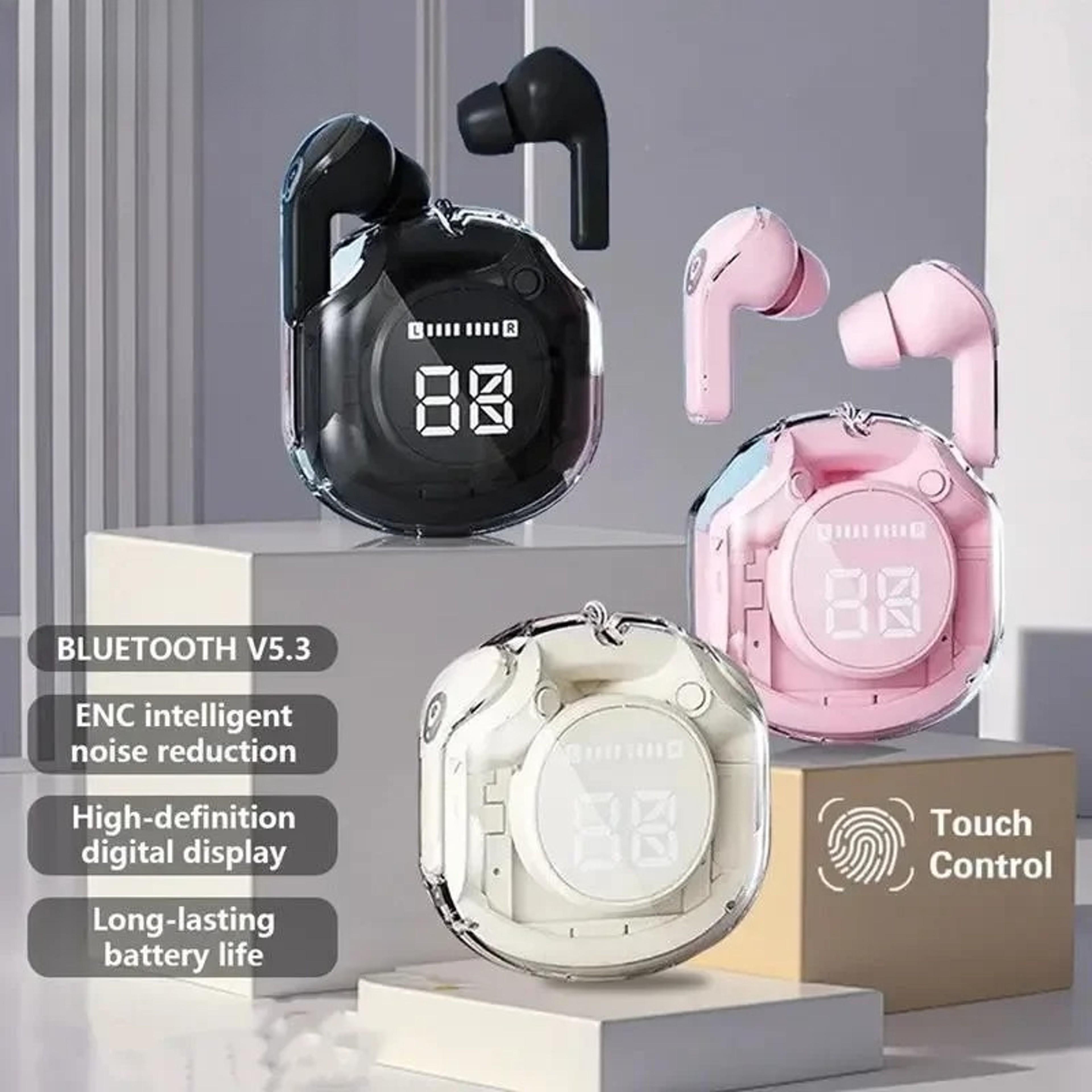 Transparent Bluetooth Earbuds with LED Display Wireless In Ear Earphones – view 2