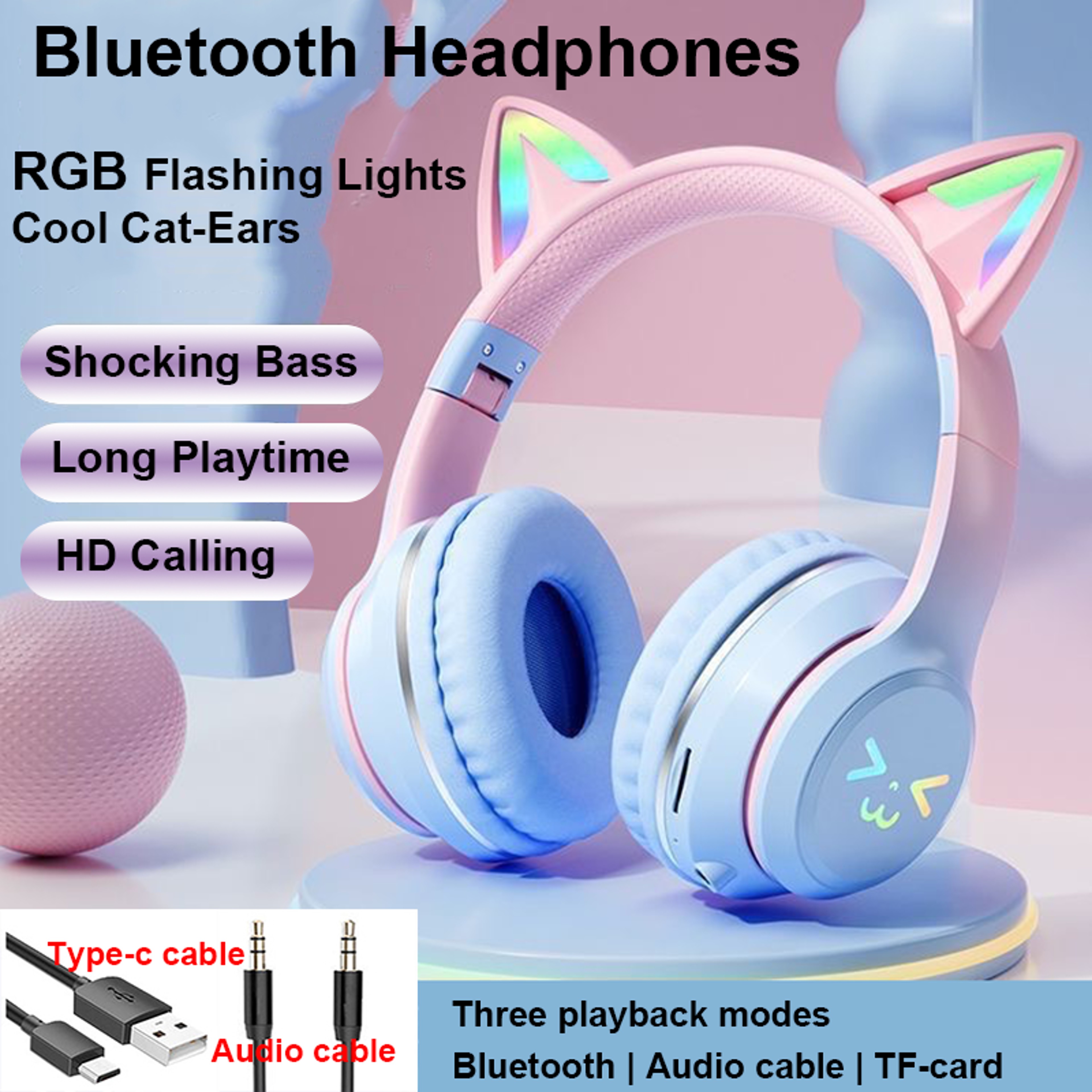 Cute Cat Ear Bluetooth Headphones with LED Lights for Kids & Girls – view 1