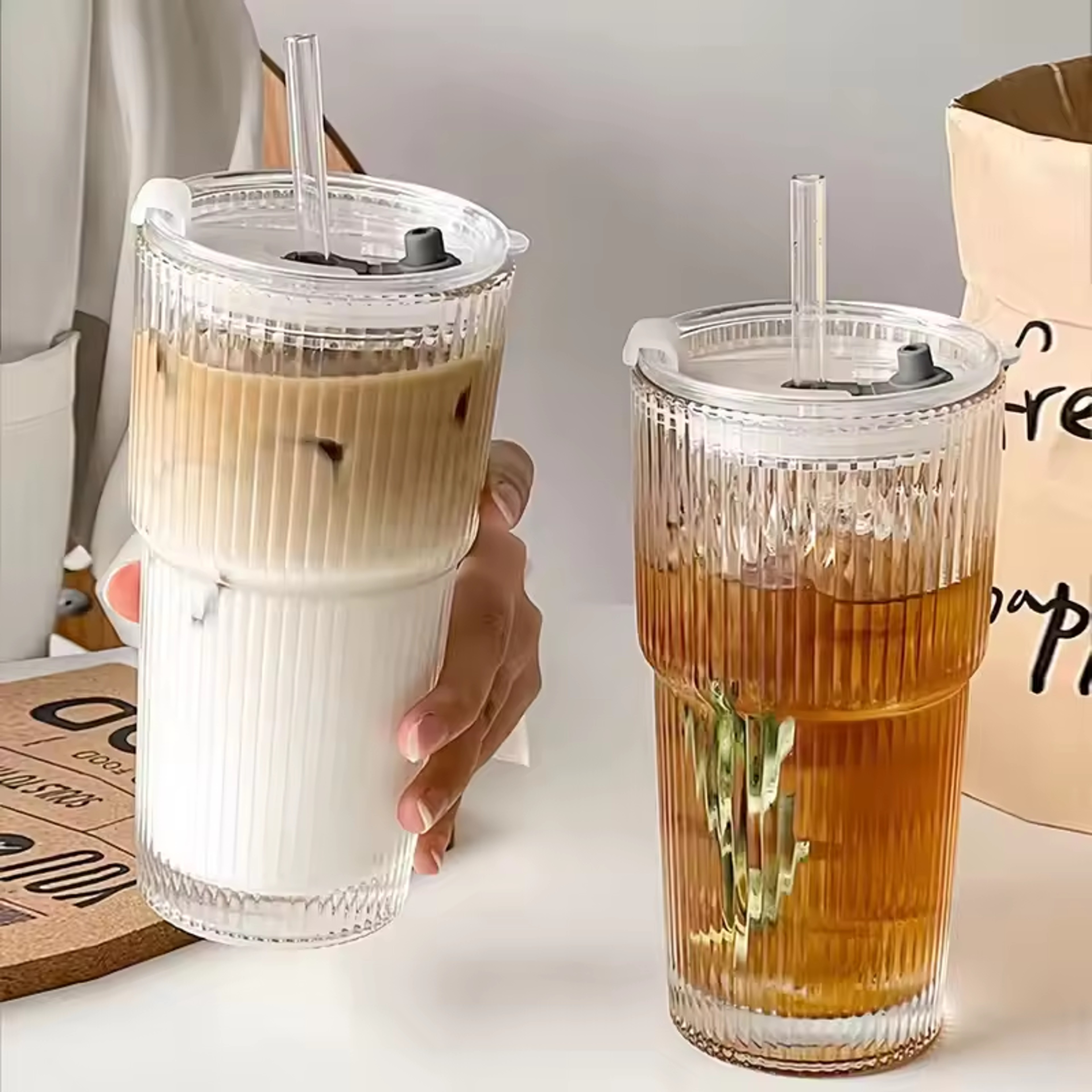 Ribbed Glass Tumbler with Lid and Straw – view 2