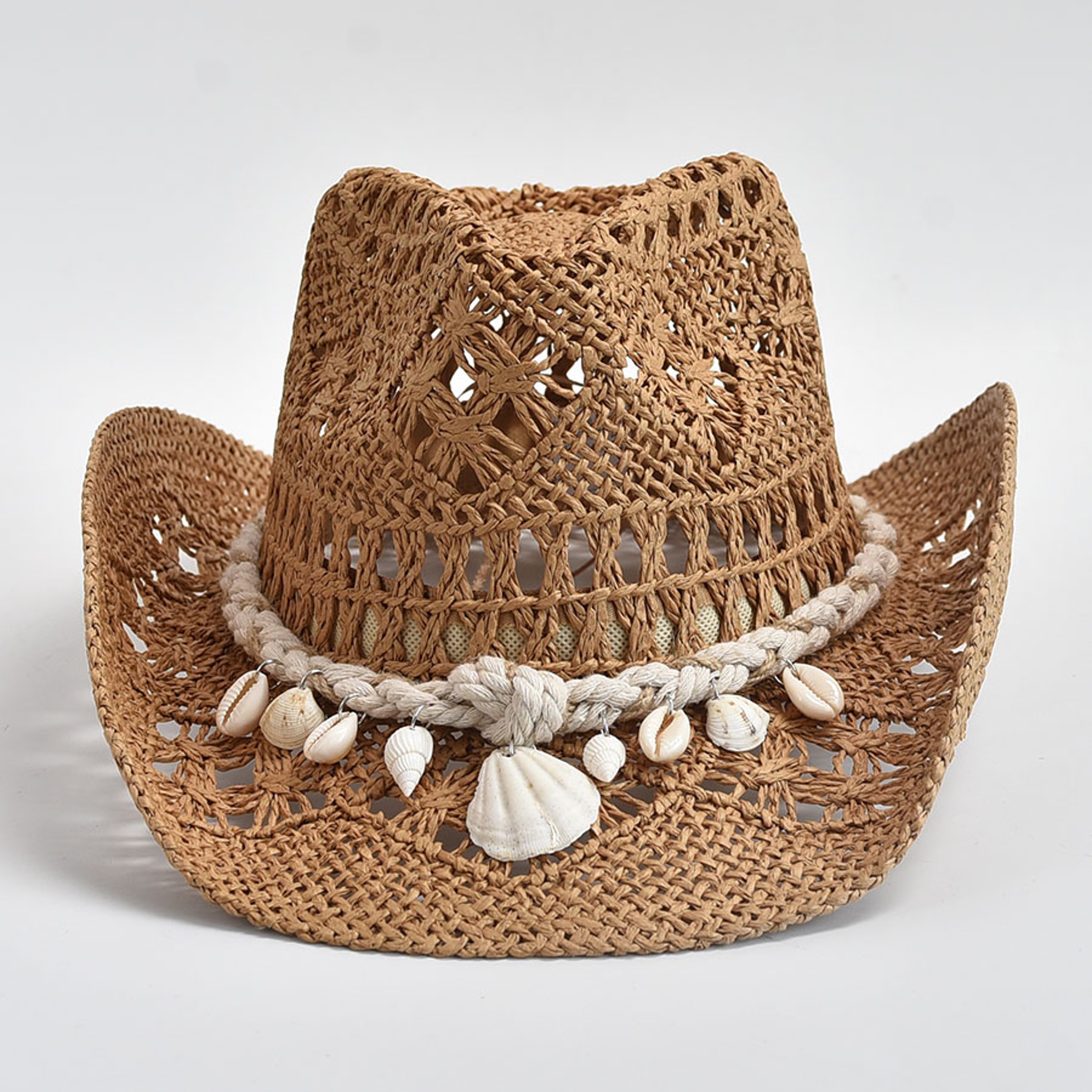 Boho Shell Embellished Wide Brim Straw Beach Hat For Women Panama Style 4