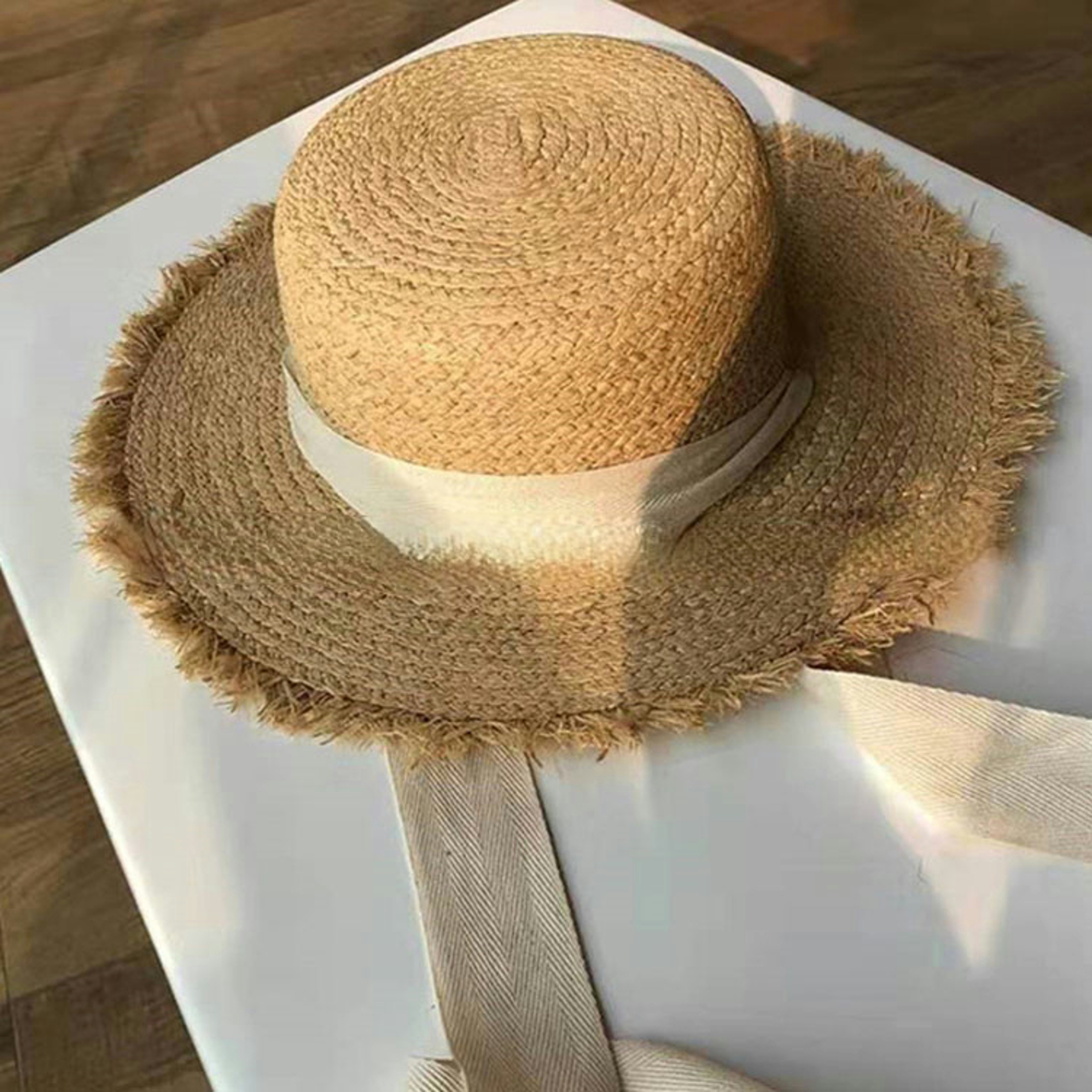 Womens Frayed Edge Straw Beach Hat with Bow Flat Top Summer Sun Hat – view 7