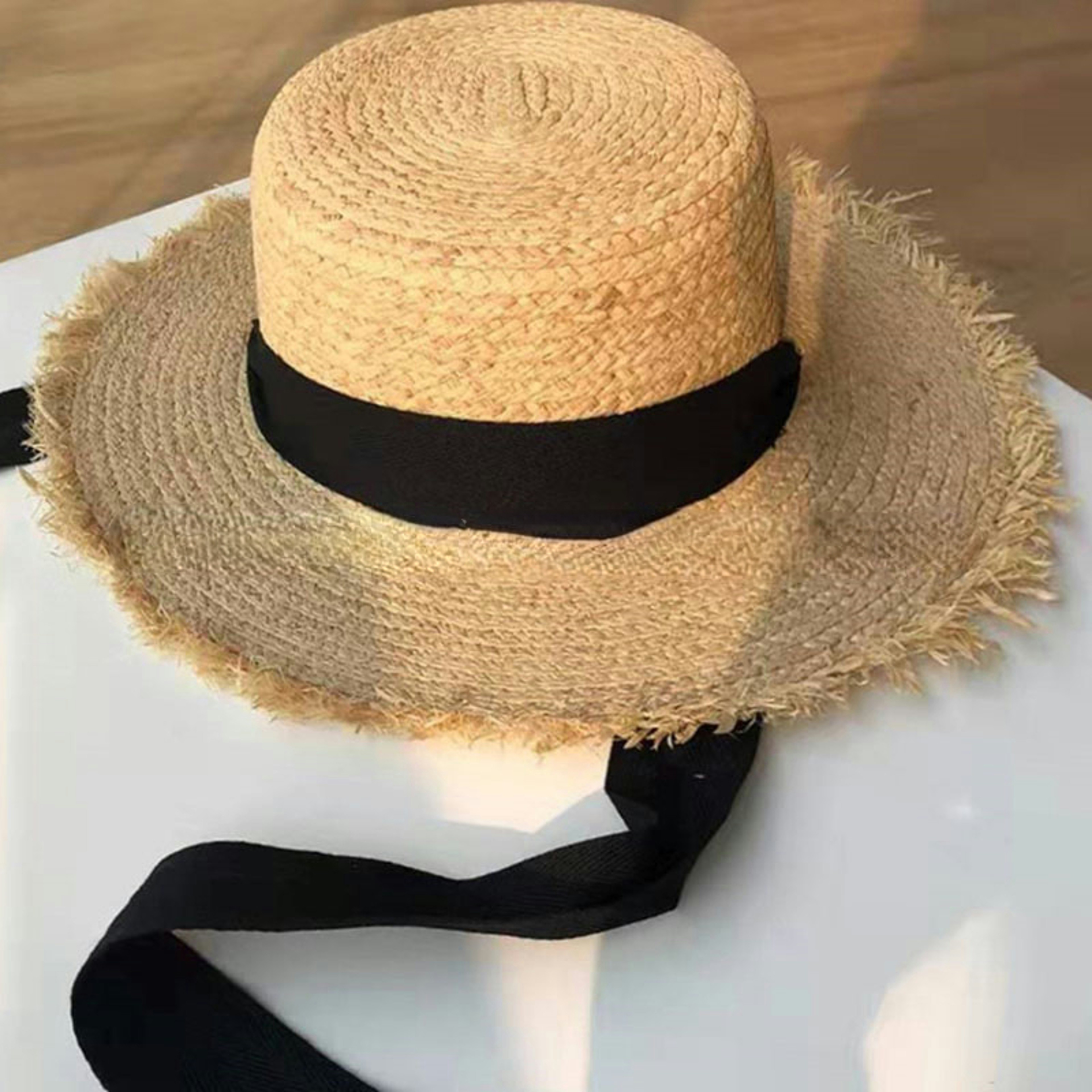 Womens Frayed Edge Straw Beach Hat with Bow Flat Top Summer Sun Hat – view 8