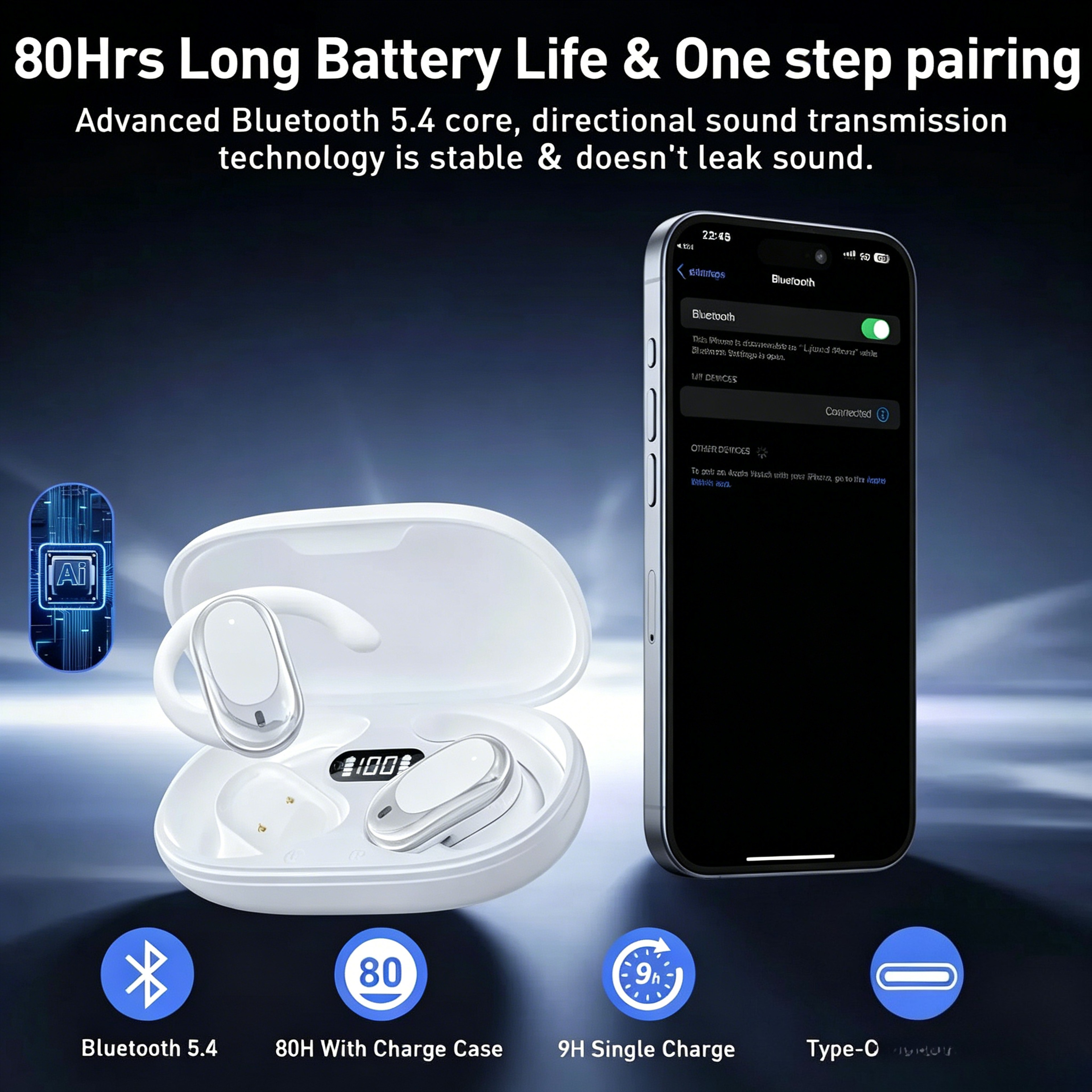 Open Ear Ear Hook Bluetooth Wireless Earphones Rotatable Design with Mic Noise Reduction – view 3