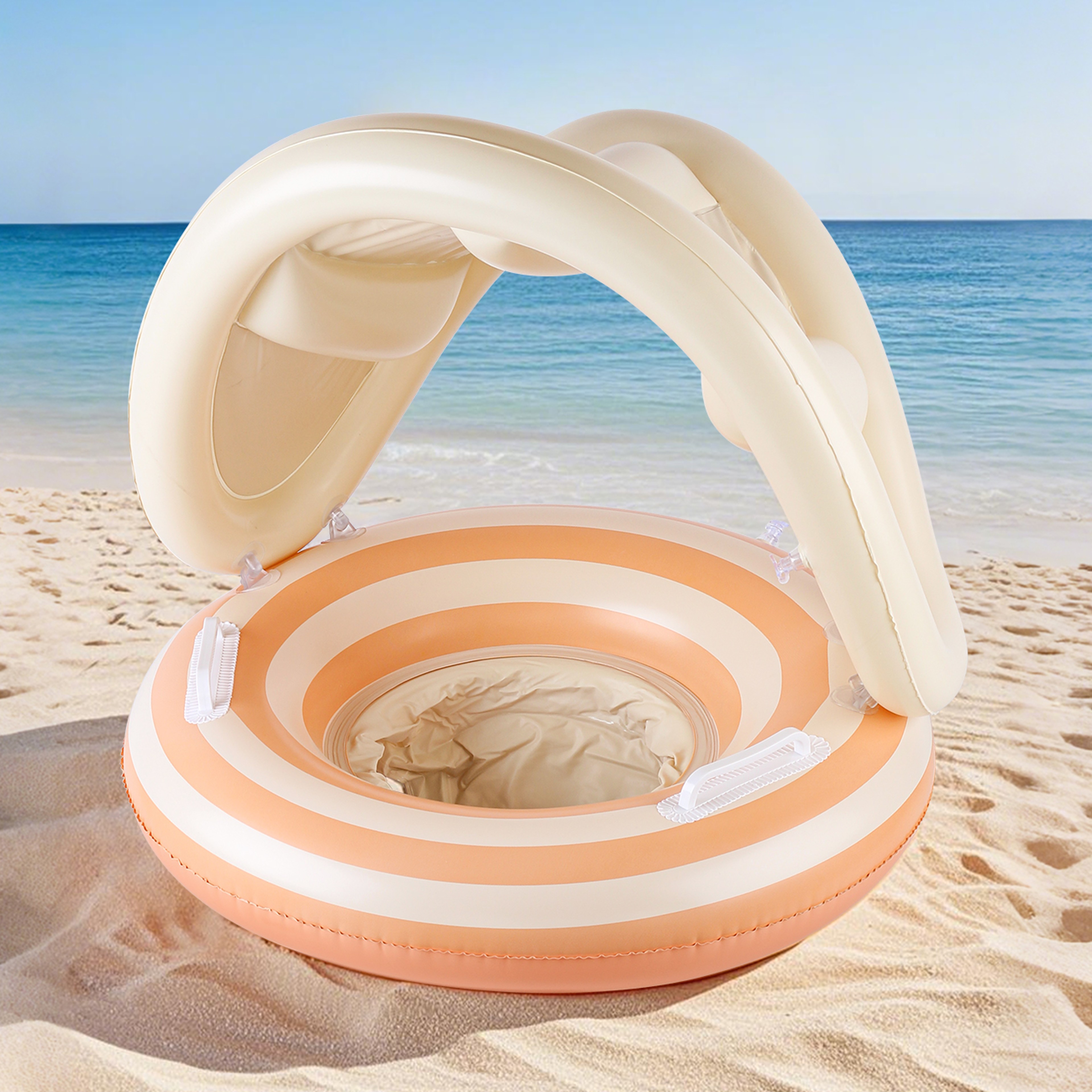 Retro Striped Inflatable Pool Float Ring With Sunshade And Handles 1