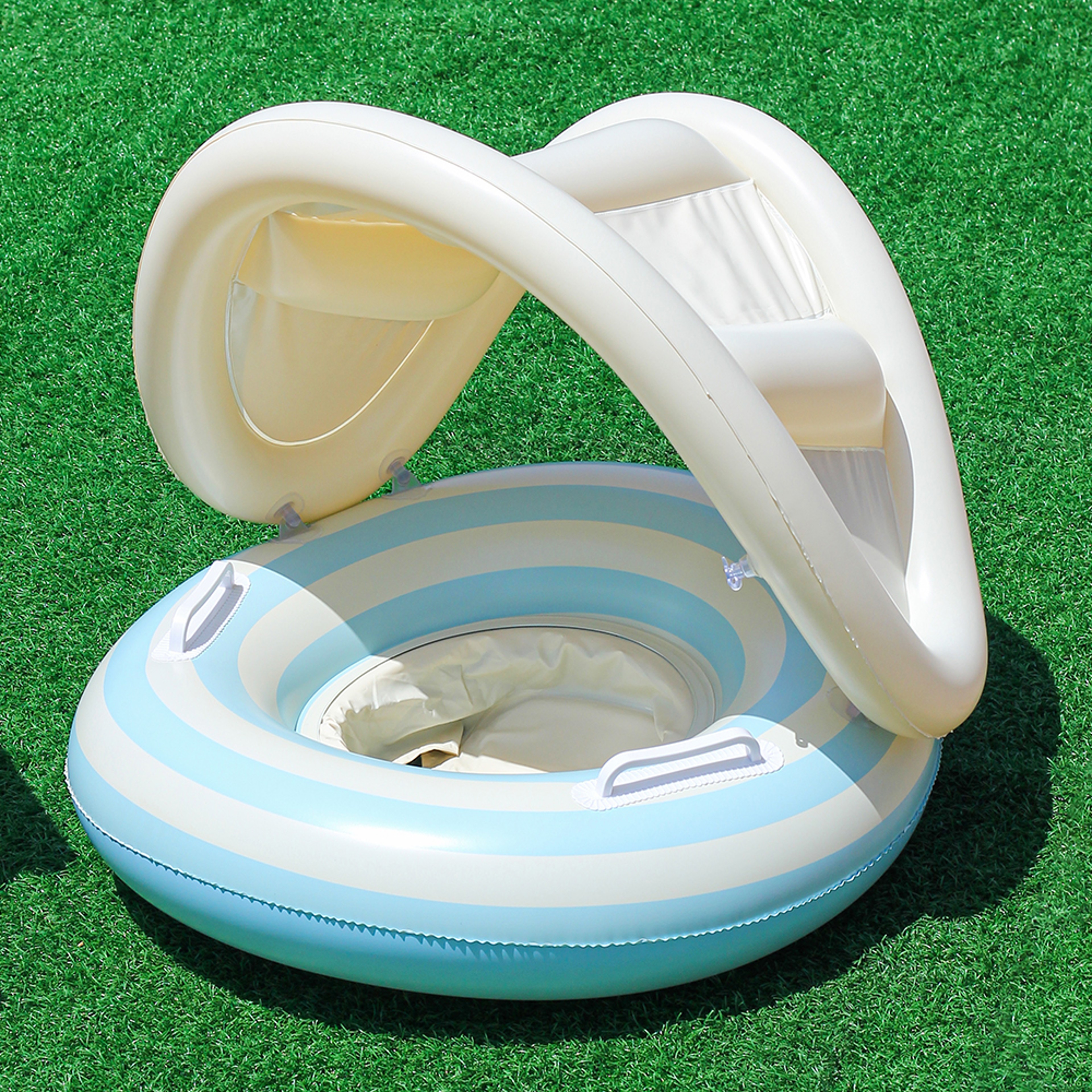 Retro Striped Inflatable Pool Float Ring With Sunshade And Handles 6