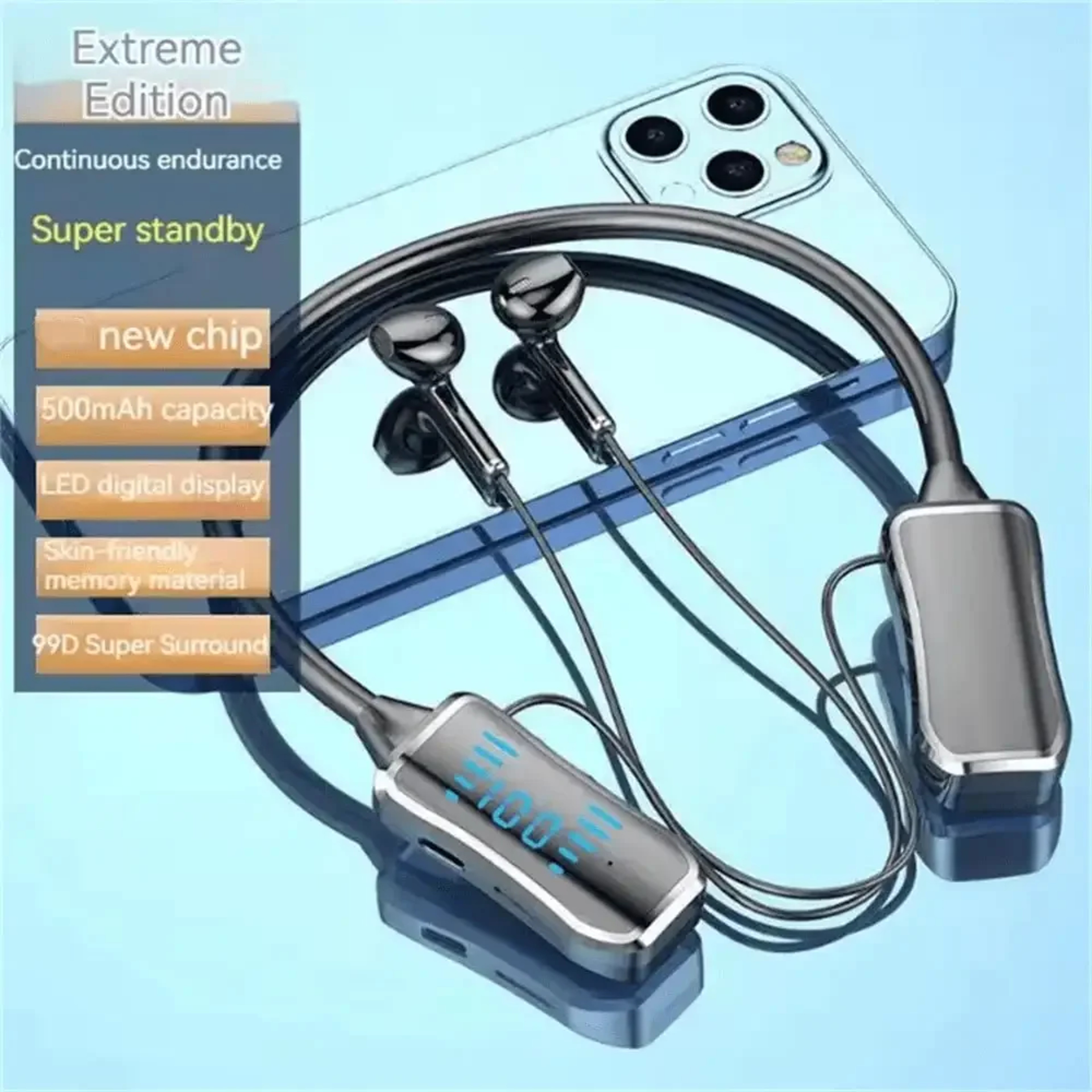 LED Display Wireless Bluetooth Neckband Headphones with Magnetic Earbuds for Sports and Gaming – view 2