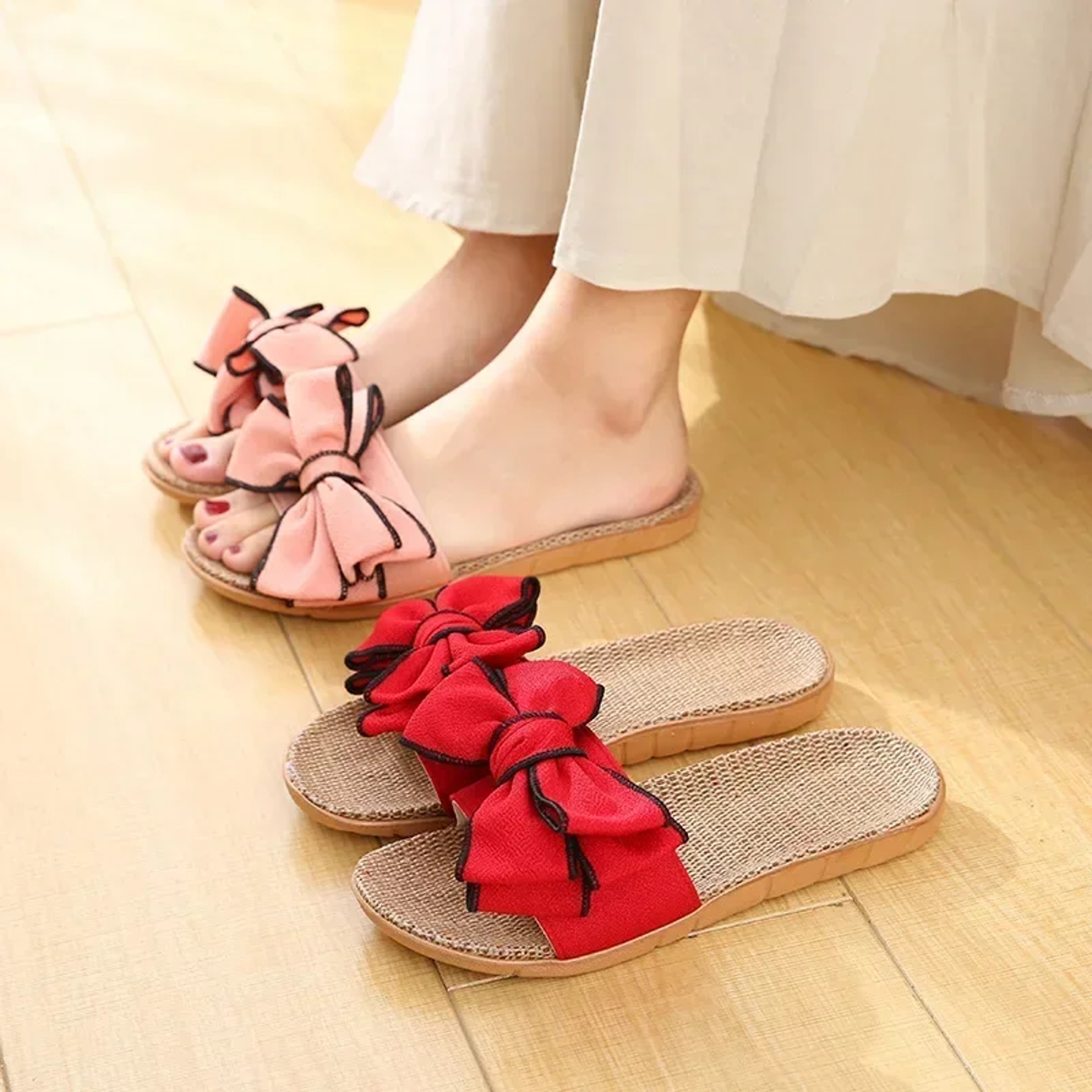 Ladies Indoor Shoes, Women Summer Casual Slides, Striped Bow Linen Flip Flops, Comfortable Flax Slippers – view 4