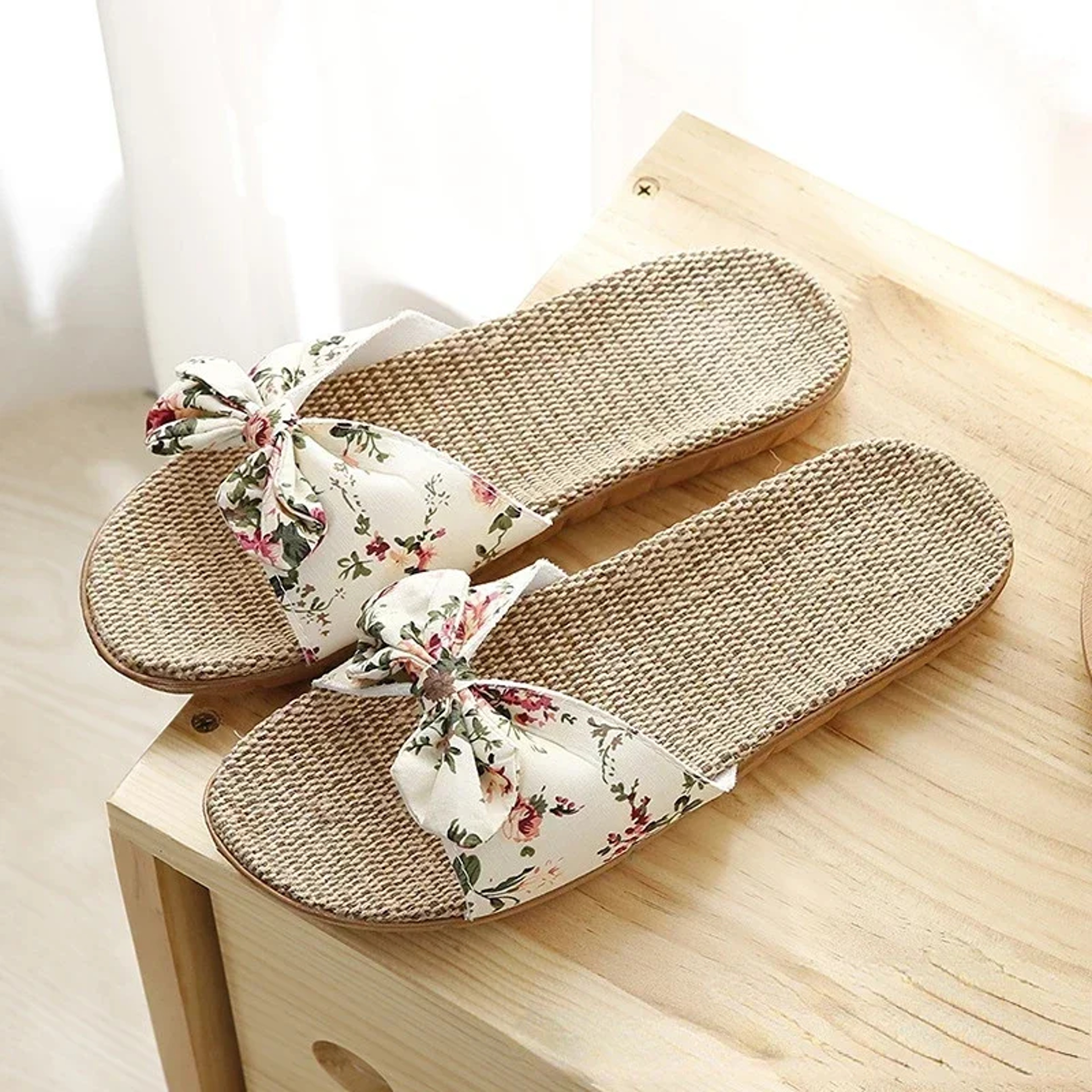 Ladies Indoor Shoes, Women Summer Casual Slides, Striped Bow Linen Flip Flops, Comfortable Flax Slippers – view 7