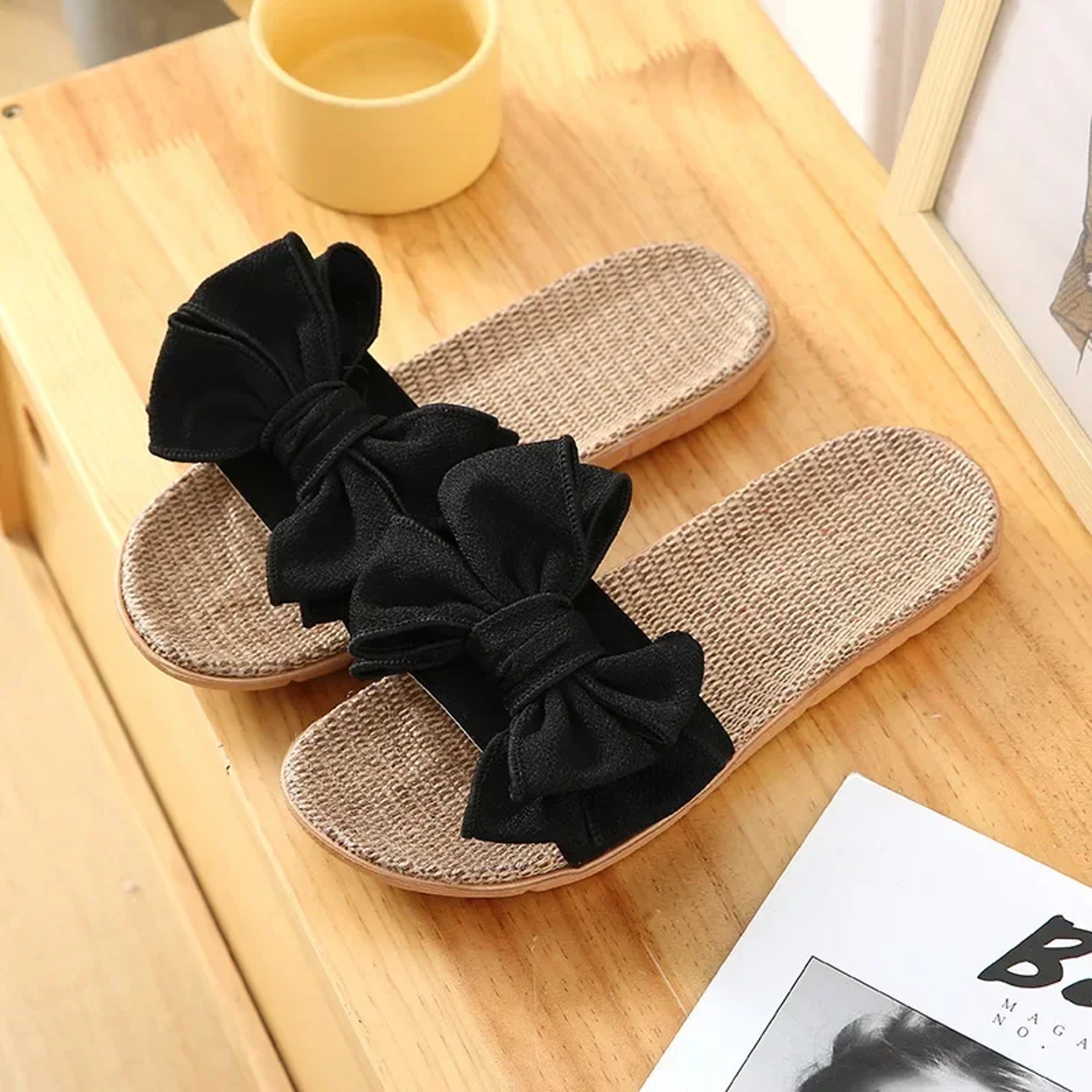 Ladies Indoor Shoes, Women Summer Casual Slides, Striped Bow Linen Flip Flops, Comfortable Flax Slippers – view 11