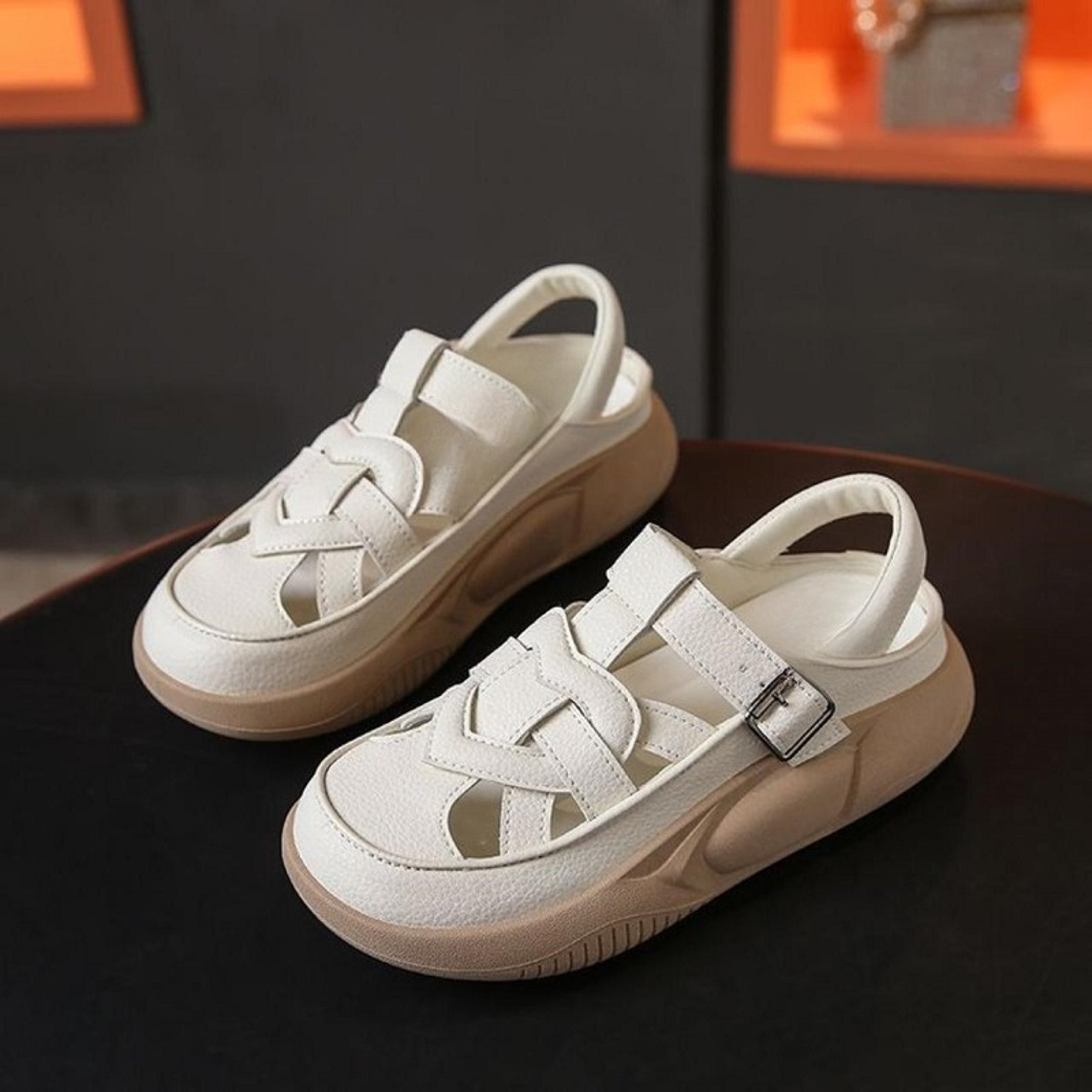 Red Roman Sandals for Women, Crisscross Strap Platform with Metal Buckles, Stylish Breathable Summer Vacation Shoes – view 3