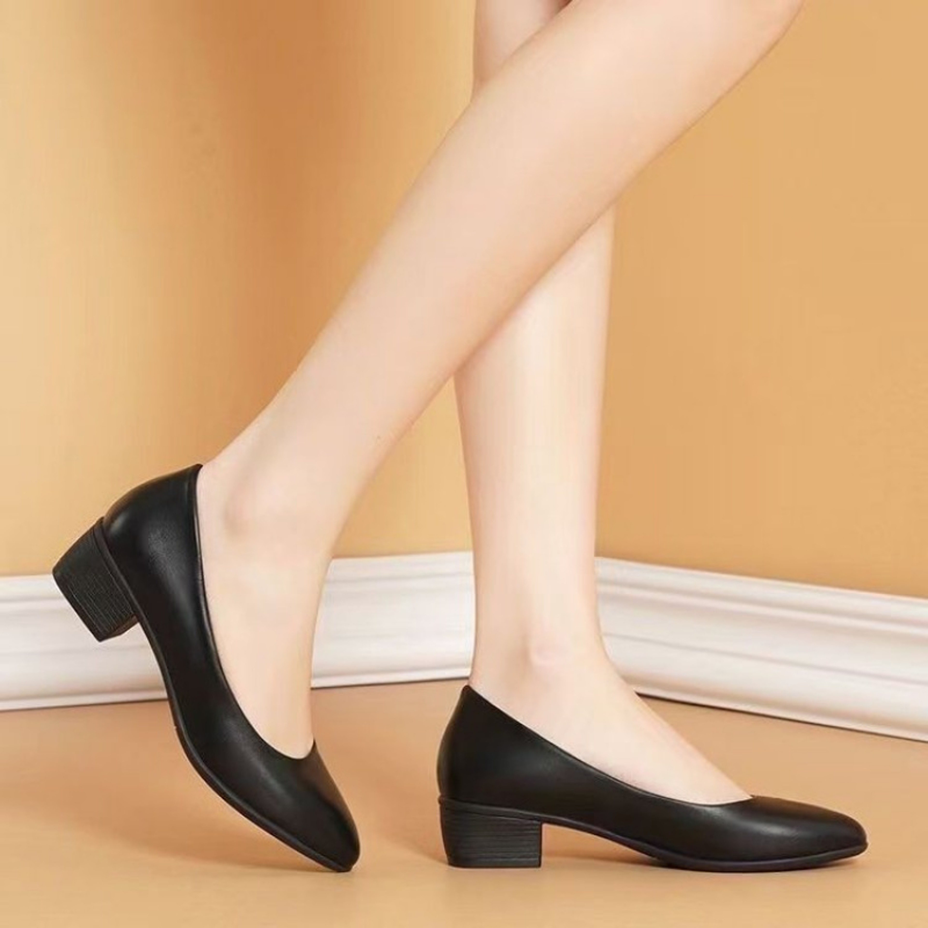 Womens Low-Heel Pumps, New Arrival Black Genuine Leather Formal Shoes, Slip-On Comfortable Mid-Heel for Daily Use – view 4