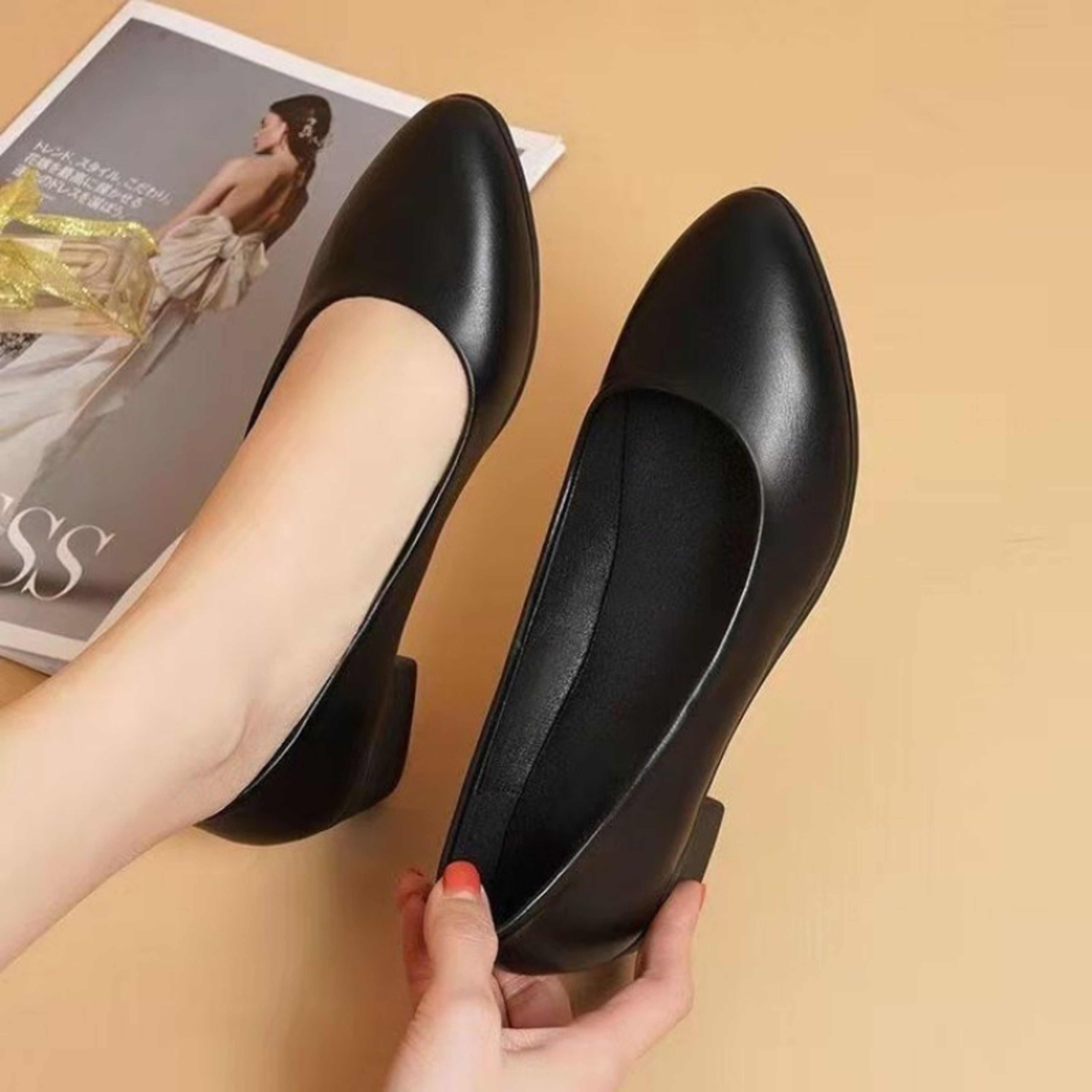 Womens Low-Heel Pumps, New Arrival Black Genuine Leather Formal Shoes, Slip-On Comfortable Mid-Heel for Daily Use – view 5