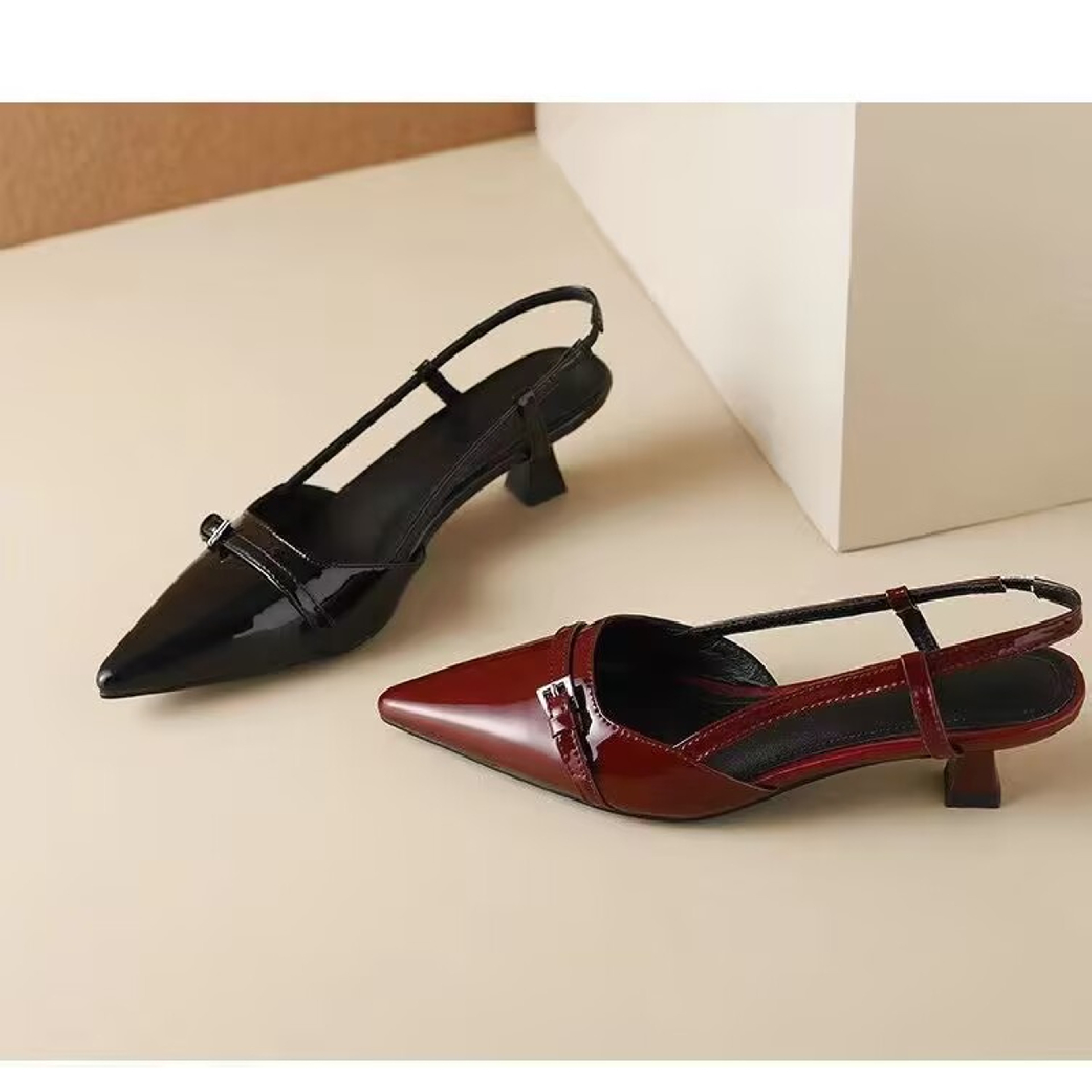French Pointed Sandals in Burgundy Patent with Crisscross Straps, Metal Decor Slim Heel, and Open-Back Fairy Style – view 2