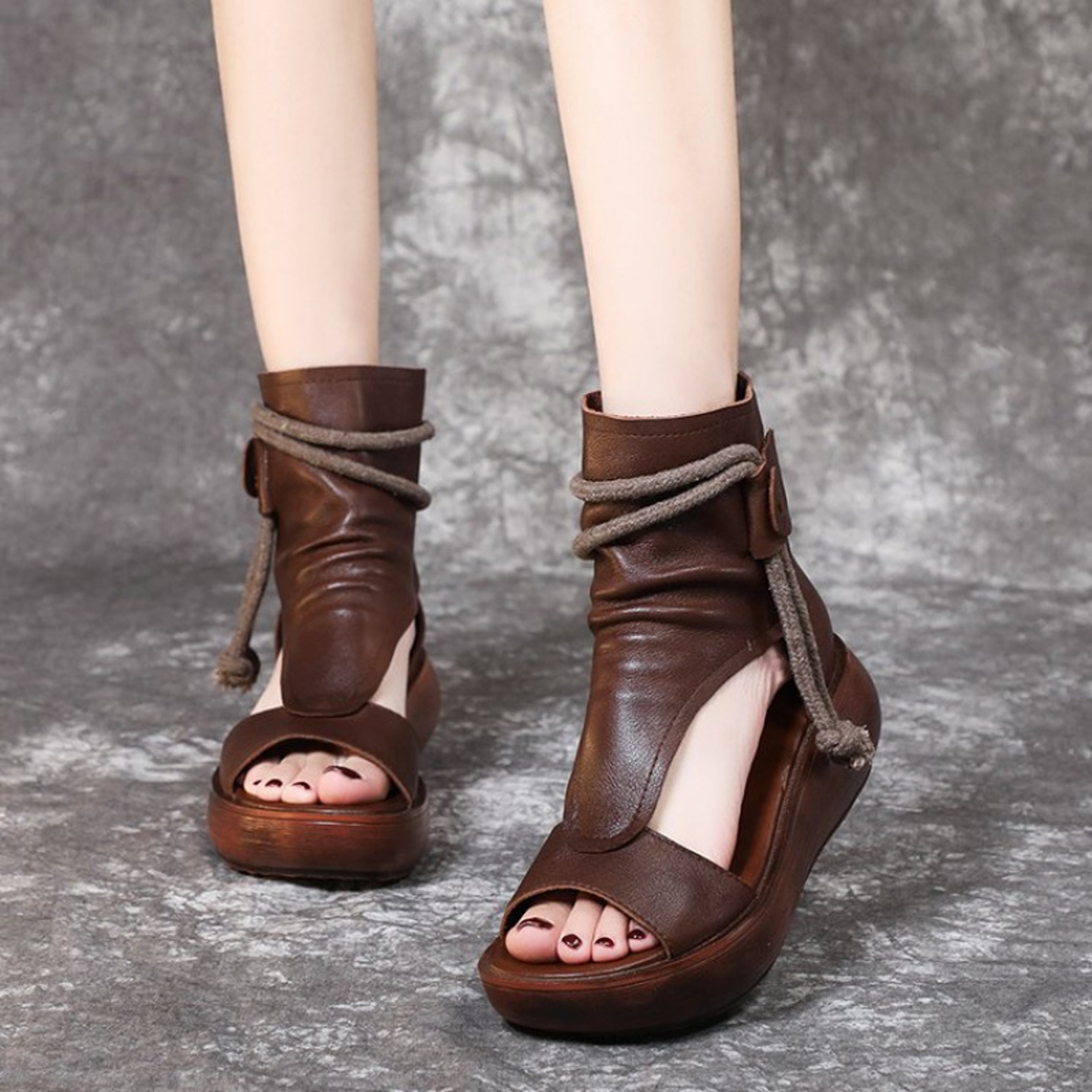 Retro Brown Chunky Wedge Peep-Toe Espadrille Sandals, New Bohemian Women's Leather Summer Shoes with Ankle Wrap – view 1