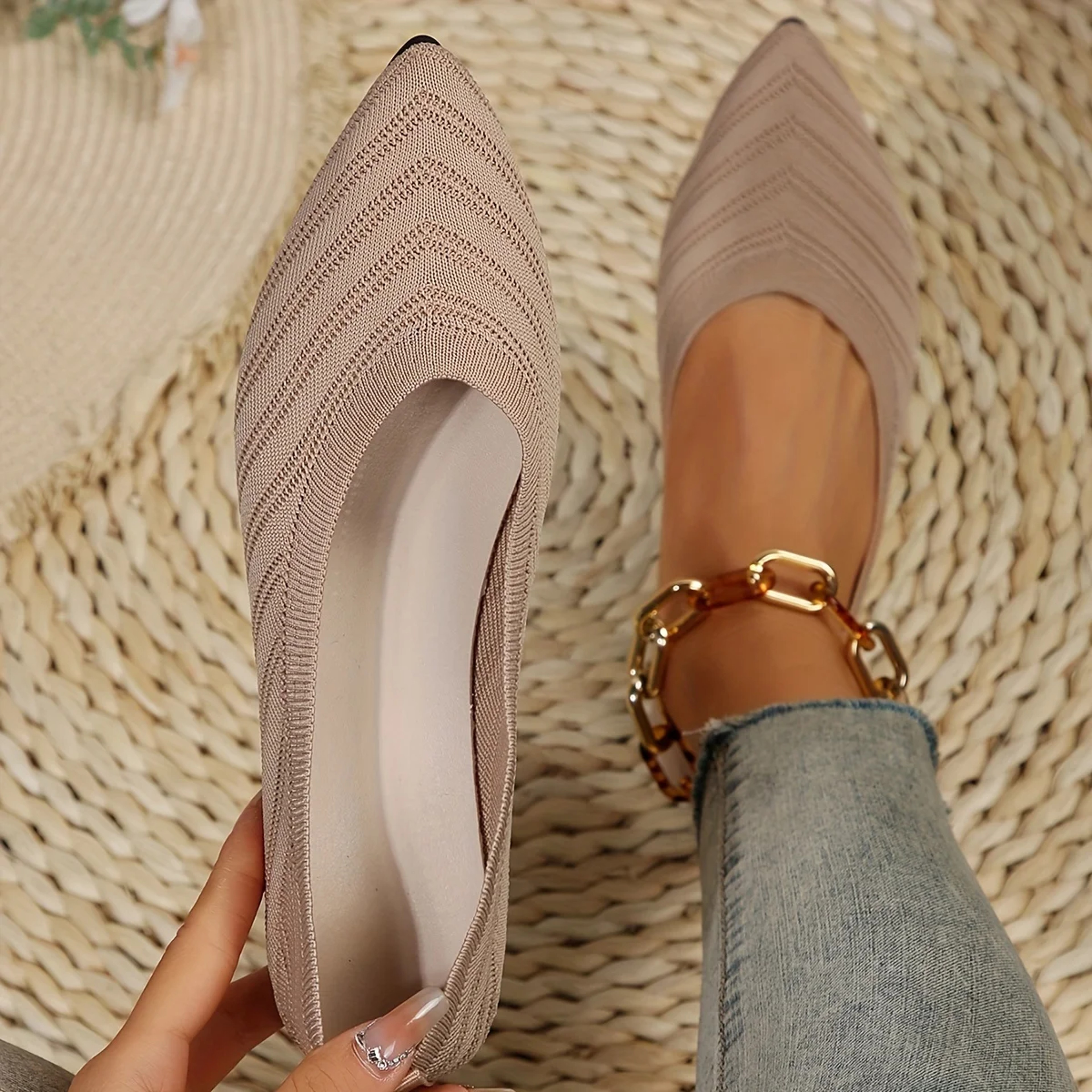 Casual Womens Pointed Toe Flat Shoes, Solid Color Knitted Slip On Ballet Flats, Lightweight Breathable Loafers – view 10