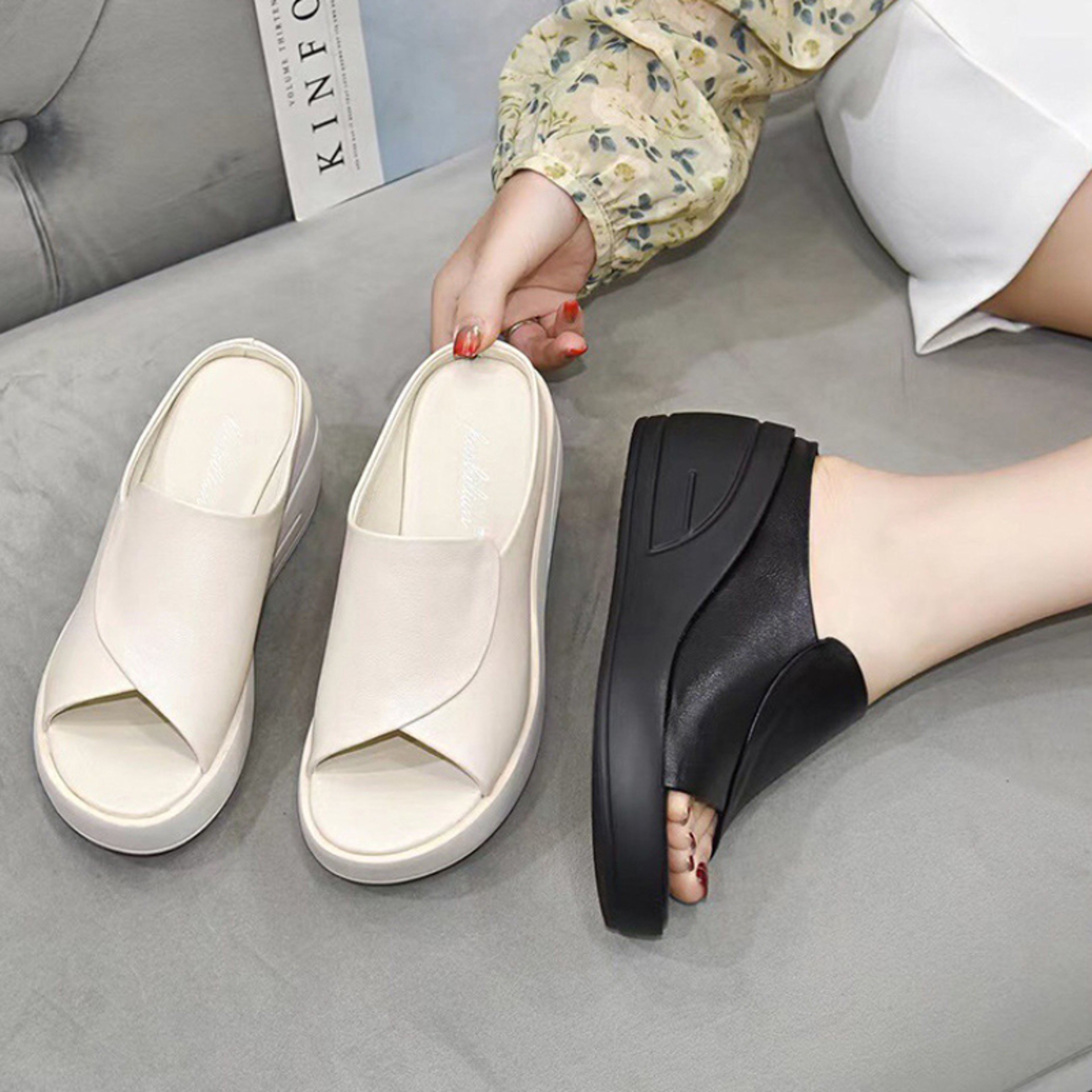 Women Slippers Black Wedge Platform Open Toe Sandals Orthopedic Thick Bottom Beach Slides High Heel 0