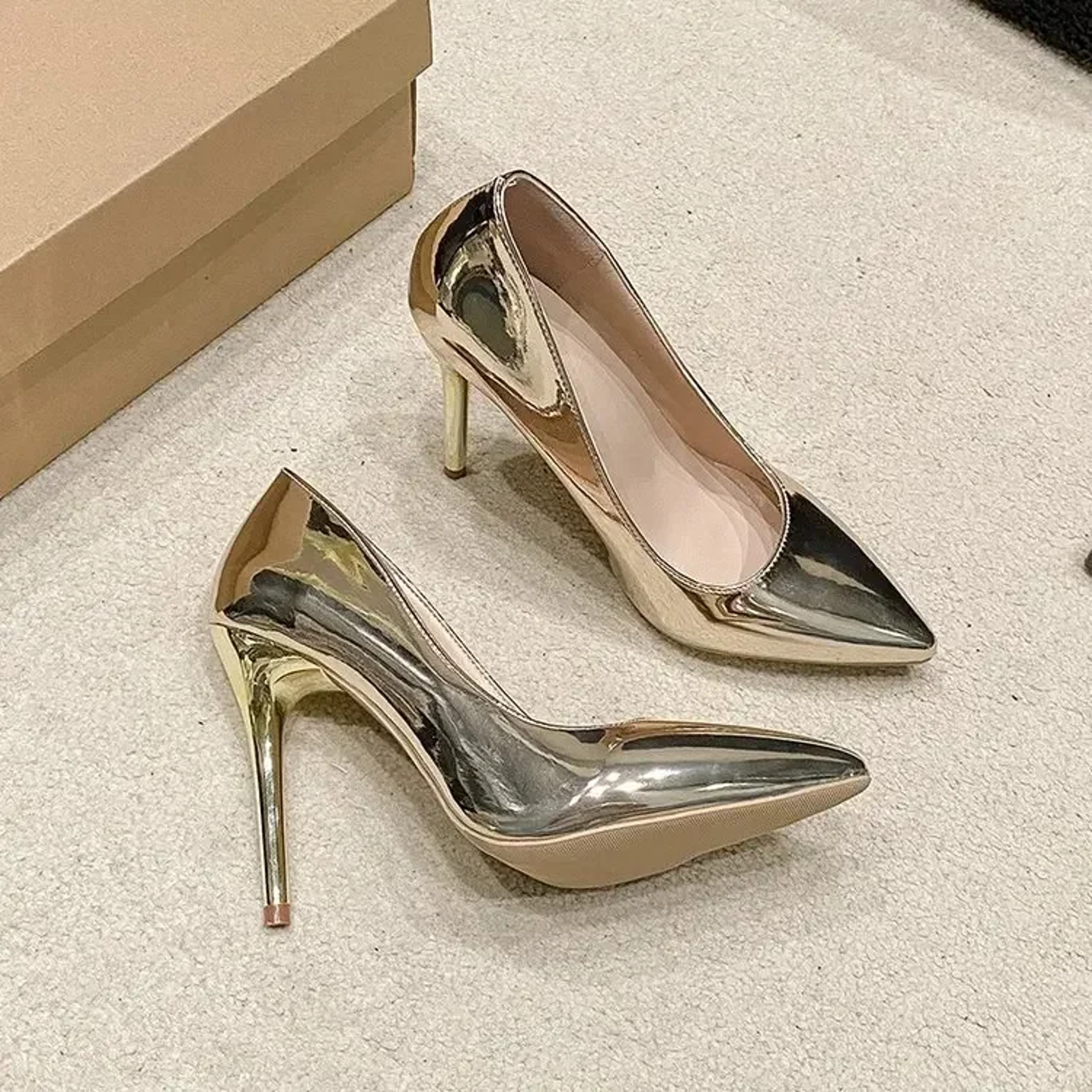 Womens Soft Leather Silver Gold High Heels Elegant Pointed Toe SlipOn Pumps For Office Party  Weddi 5